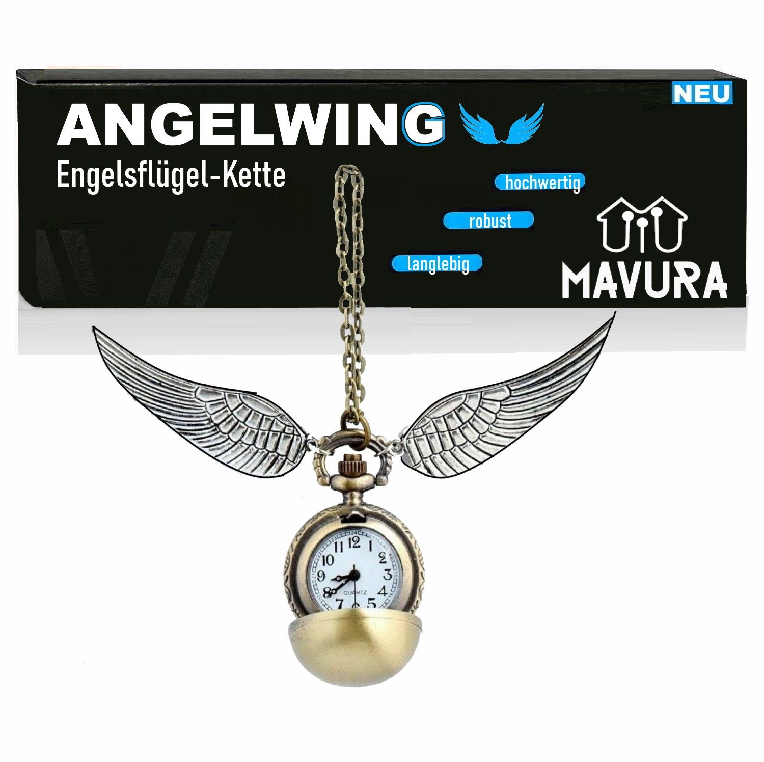 MAVURA Kette mit Anhänger ANGELWING Engels Flügel Kette mit Uhr Anhänger, Flügel Amulett Medaillon Engelsflügel Gold