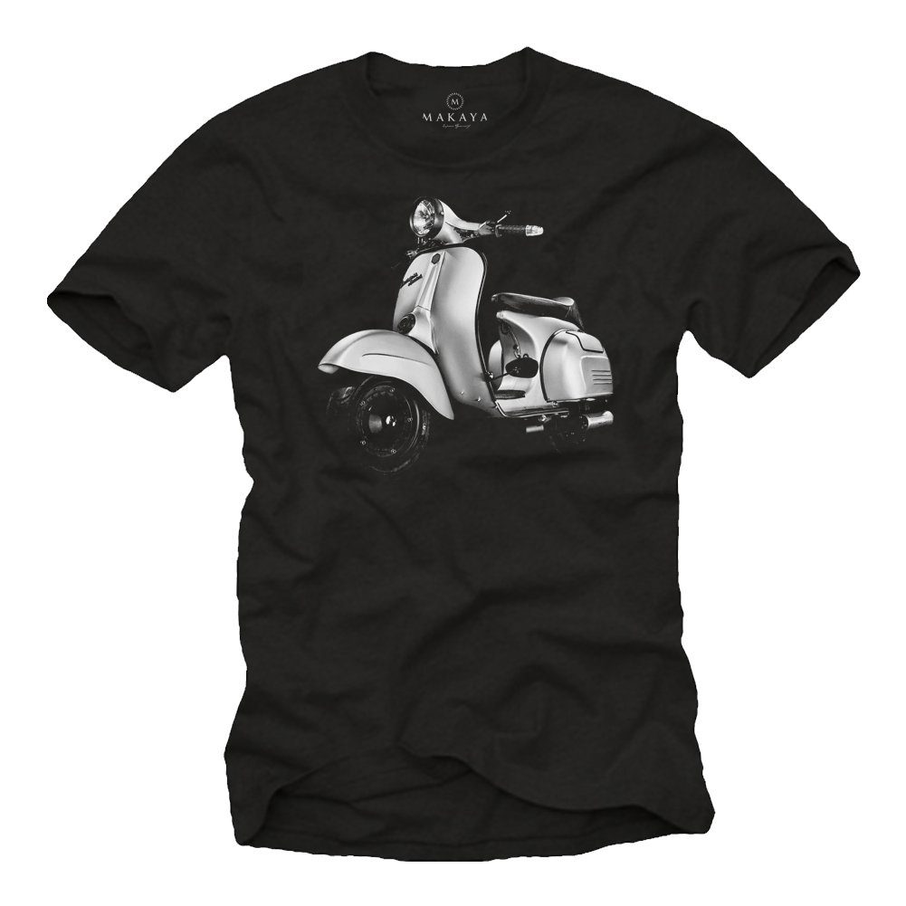 MAKAYA T-Shirt Herren Vintage Hippie Roller Motiv 60er 70er 80er Jahre Scooter Männer mit Druck, aus Baumwolle Schwarz