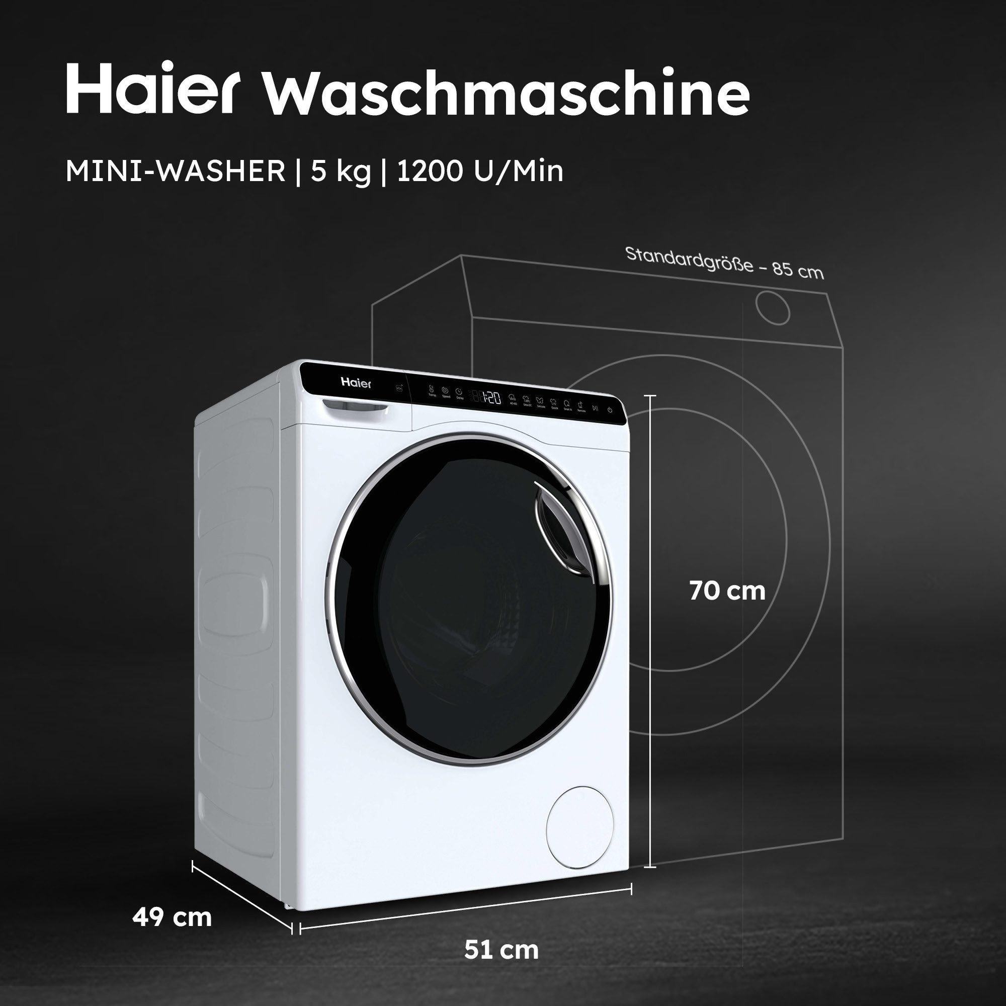 Haier Mini-Waschmaschine HW50-BP12307U1-S, 5 kg, 1200 U/min, besonders kompakte Maße (70 cm Höhe, 51 cm Breite)