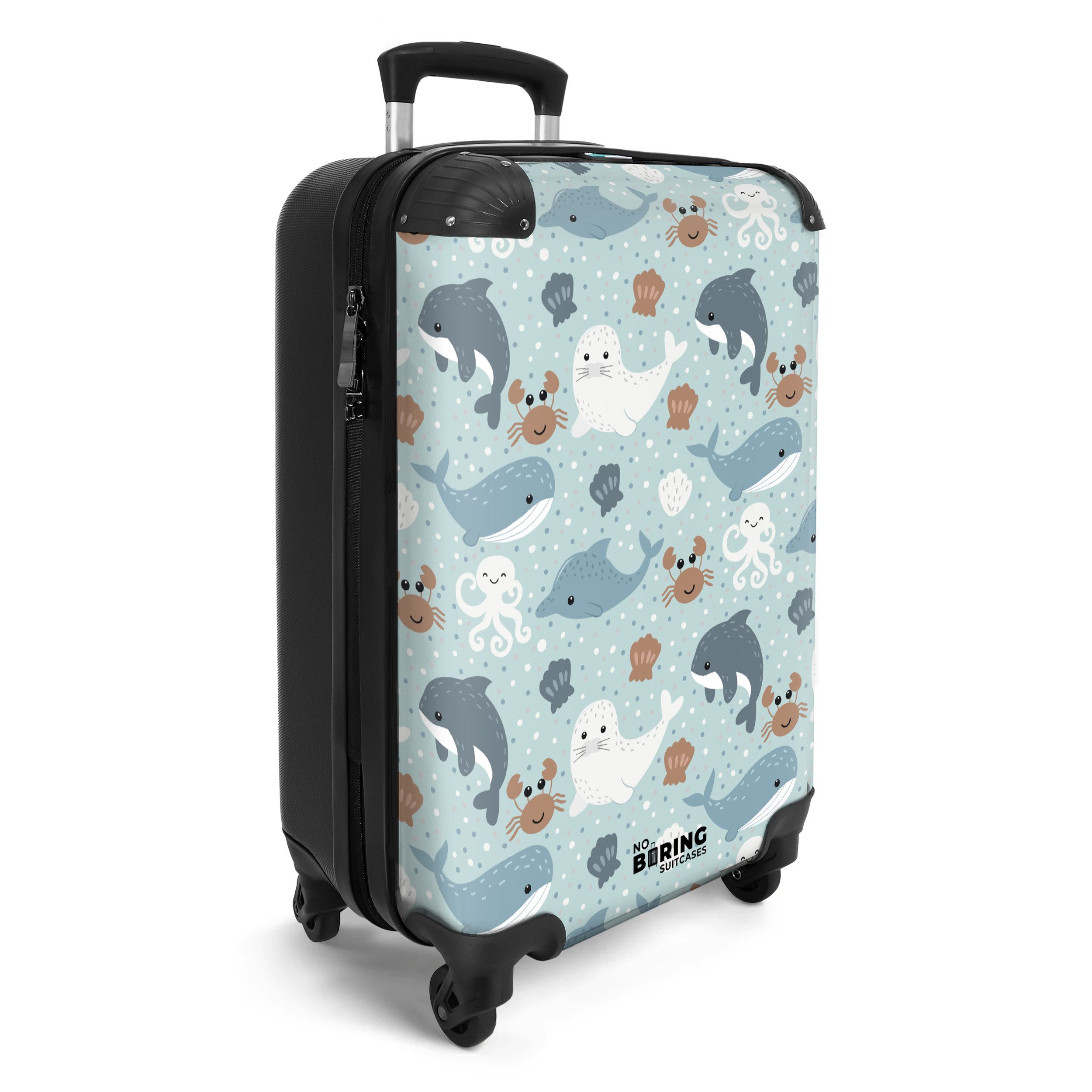 NoBoringSuitcases.com© Kinderkoffer Seetiermuster mit Delphinen, Robben und Krabben 55x35x20cm, 4 Rollen, Kinder Koffer Klein, Trolley Handgepäck, Reisekoffer