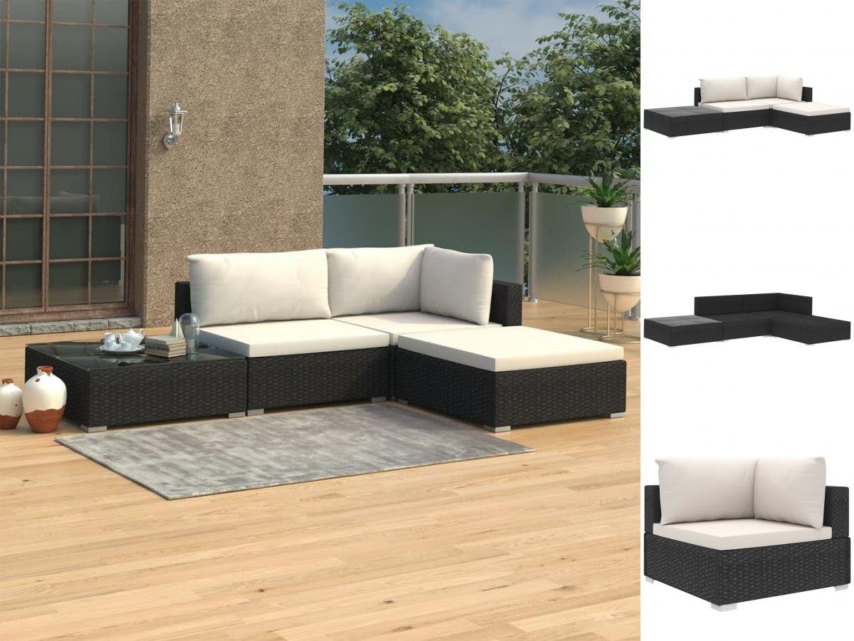 vidaXL und Garten-Essgruppe Lounge Creme Poly mit Schwarz Auflagen 4-tlg Garten Se Sitzgruppe Schwarz Set Rattan