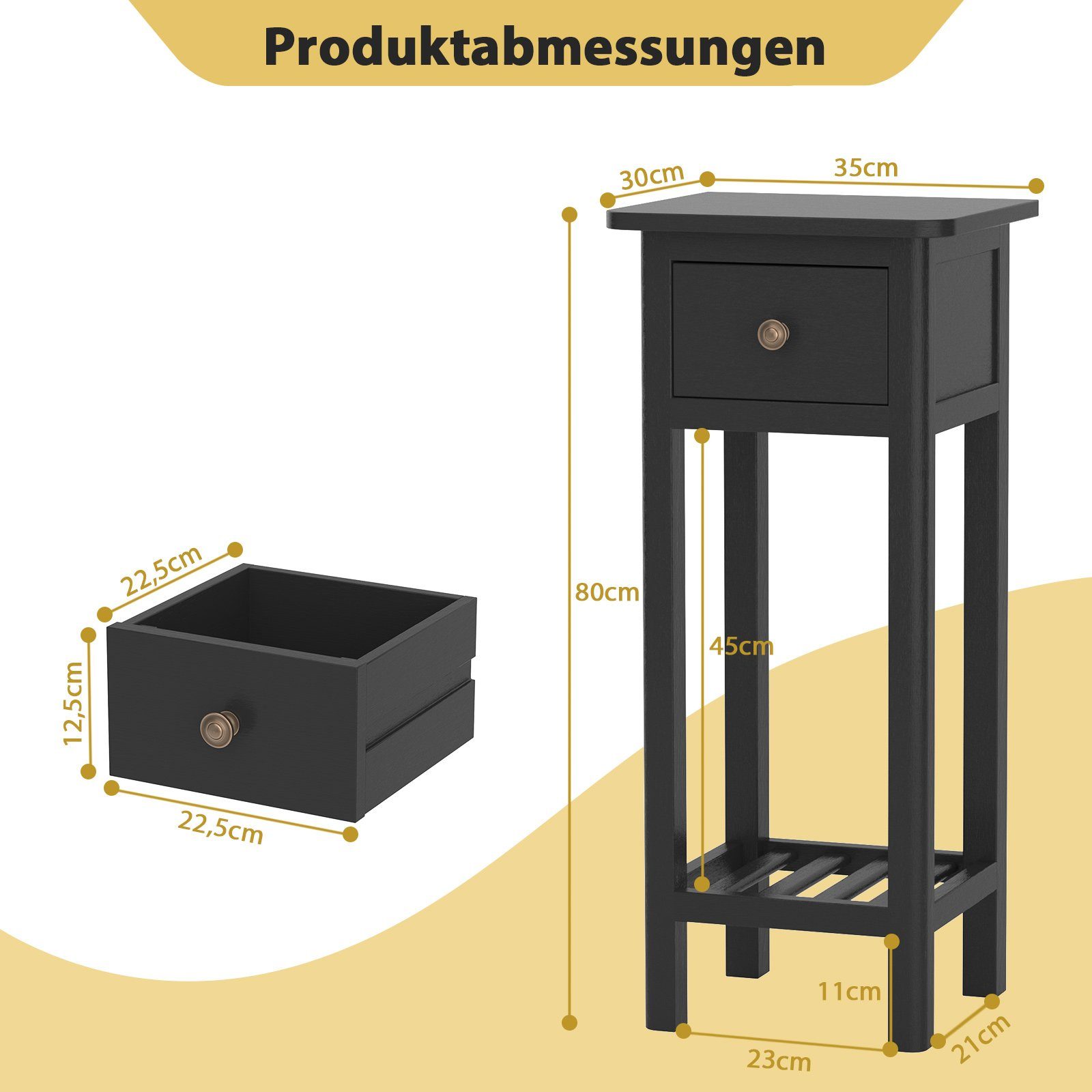 Beistelltisch, Schwarz | 35x30x80cm Schwarz Ablage, Holz Schublade Schwarz schmal, | mit und COSTWAY