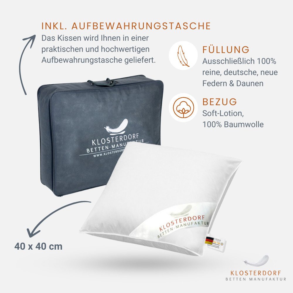 Klosterdorf Betten-Manufaktur Daunenkissen Premium Kuschelkissen Reisekissen - fritzchen - 40x40 cm -, Füllung: Daunenkissen Daunenkopfkissen Federkissen Kissen, Reisekissen, Kuschelkissen, Bauchschläfer, Seitenschläfer, Rückenschläfer, Für erholsamen und gesunden Schlaf, liebevolle Handarbeit aus unserem deutschen Familienbetrieb