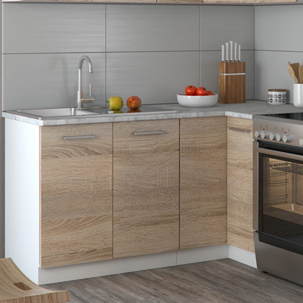 Cuisine d'angle Vicco Rick, blanc/Sonoma, 187 x 167 cm, plan de travail en marbre