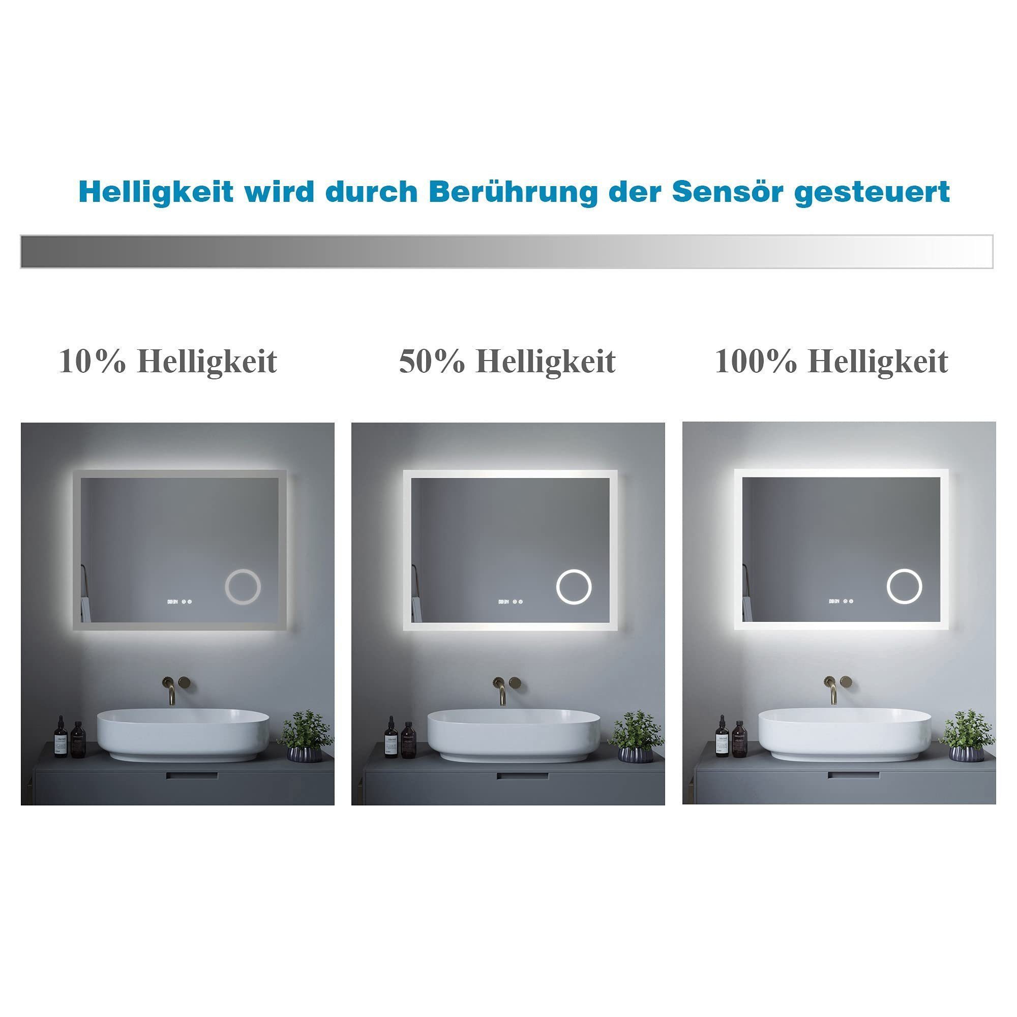 AQUALAVOS Badspiegel Badspiegel mit licht Beleuchtung 100-120 cm Touch Uhr dimmbar Spiegel, mit 3-Fach Vergrößerung Schminkspiegel, Speicherfunktion, Wandschalt – Bild 4 von 5