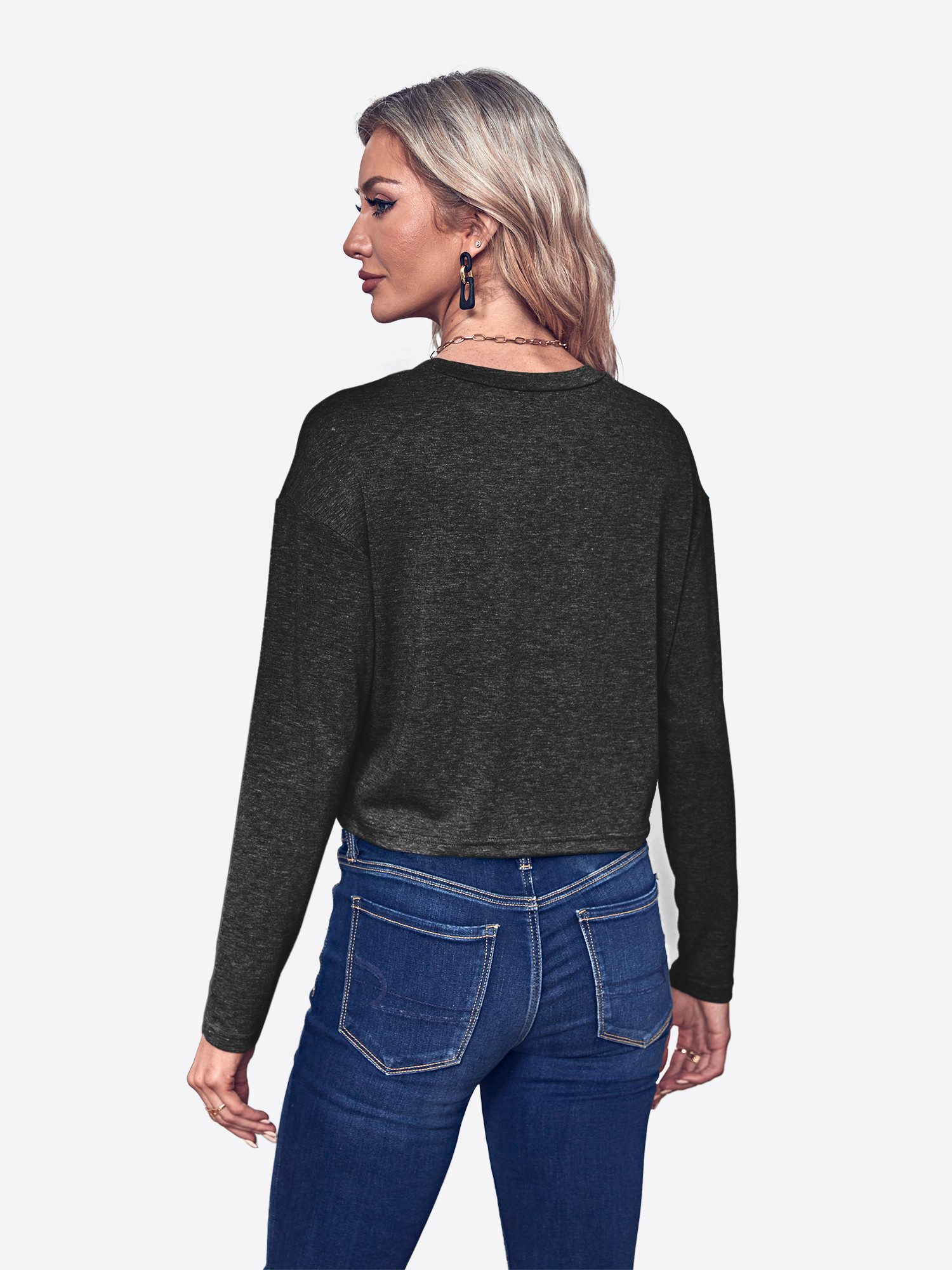 Imily Bela Langarmshirt Damen Cropped Rundhalsausschnitt Loose Fit Basic (Packung, 1-tlg., 1per-Pack) in Unifarbe – Bild 2 von 5