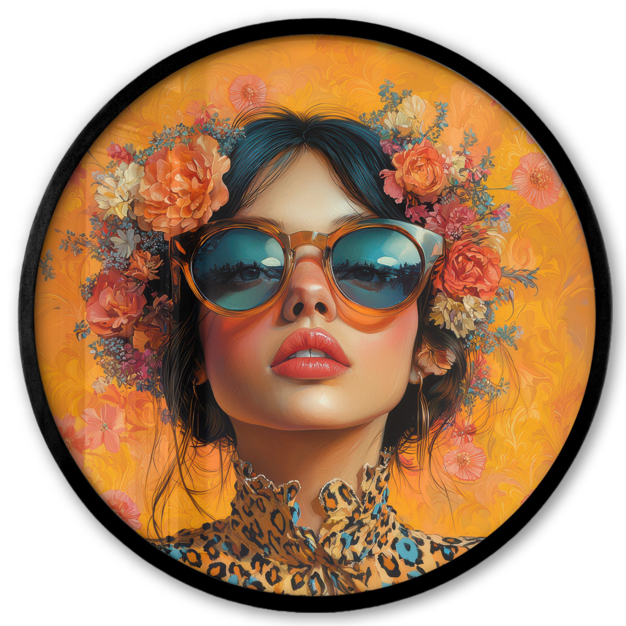 MuchoWow Poster Rund - Frau - Blumen - Ästhetik - Orange, (1 St), Runde Wandbilder, Deko für Wohnzimmer und Schlafzimmer, 40x40 cm