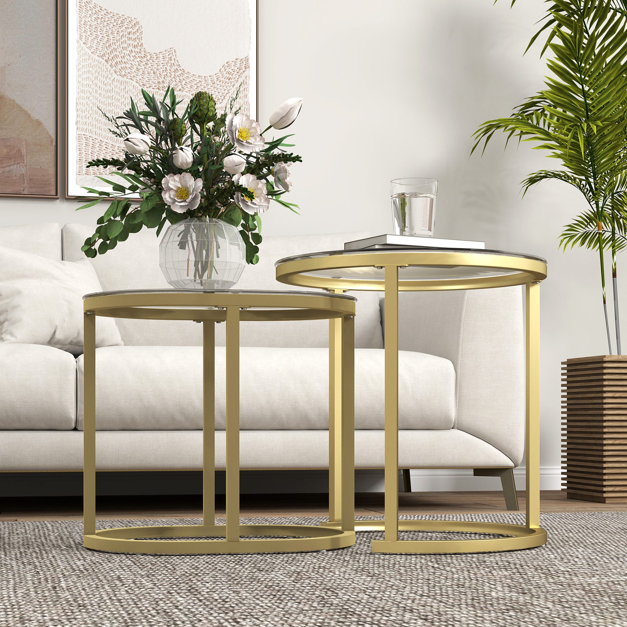 OKWISH Couchtisch 2er-Set runder Couchtisch in Gold, stapelbar mit Stahlrahmen (60x43,5x36 cm/ 50x50,5x50 cm, 2-St., Beistelltisch & Kaffeetisch für Wohnzimmer & Schlafzimmer), Platzsparendes Design für moderne Wohnungen & flexible Raumnutzung