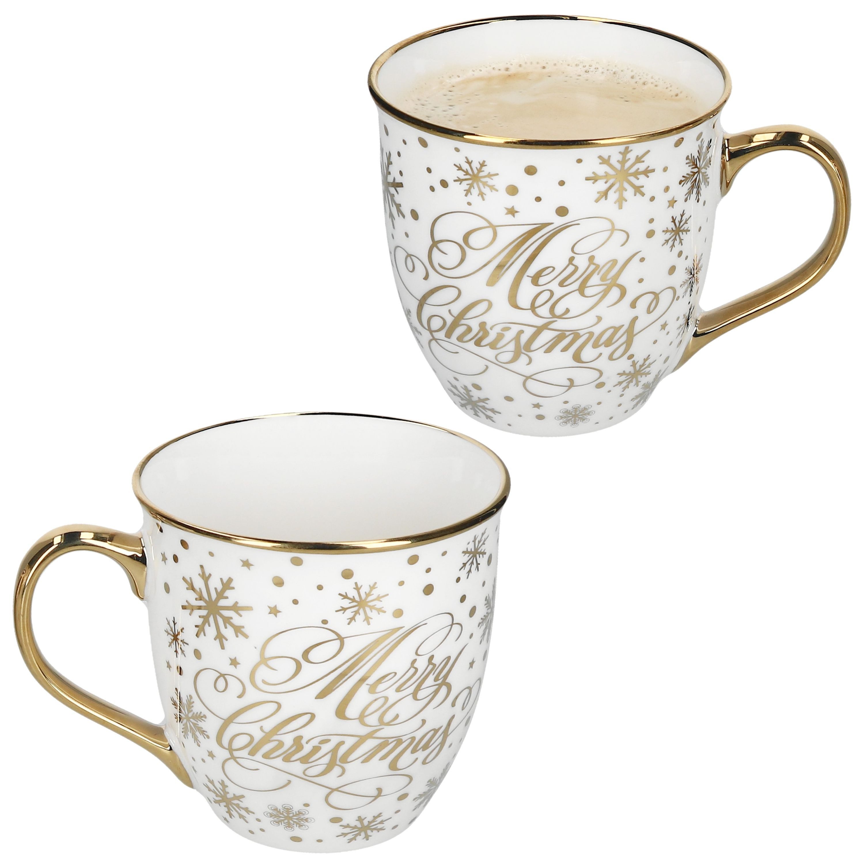MamboCat Becher MamboCat 2er Set Jumbobecher Merry Christmas Goldrand Teebecher Kaffee, Porzellan