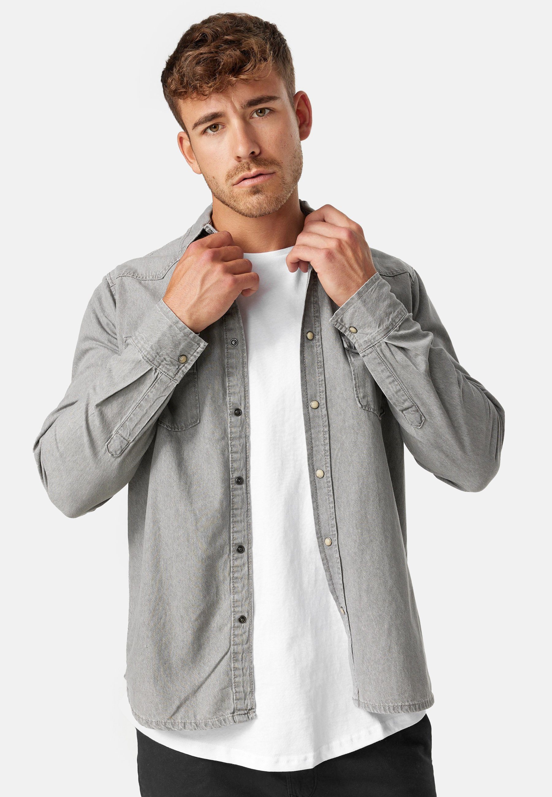 Indicode Langarmhemd Herren Mike Herrenhemd Langarm Jeanshemd mit 2 Brusttaschen