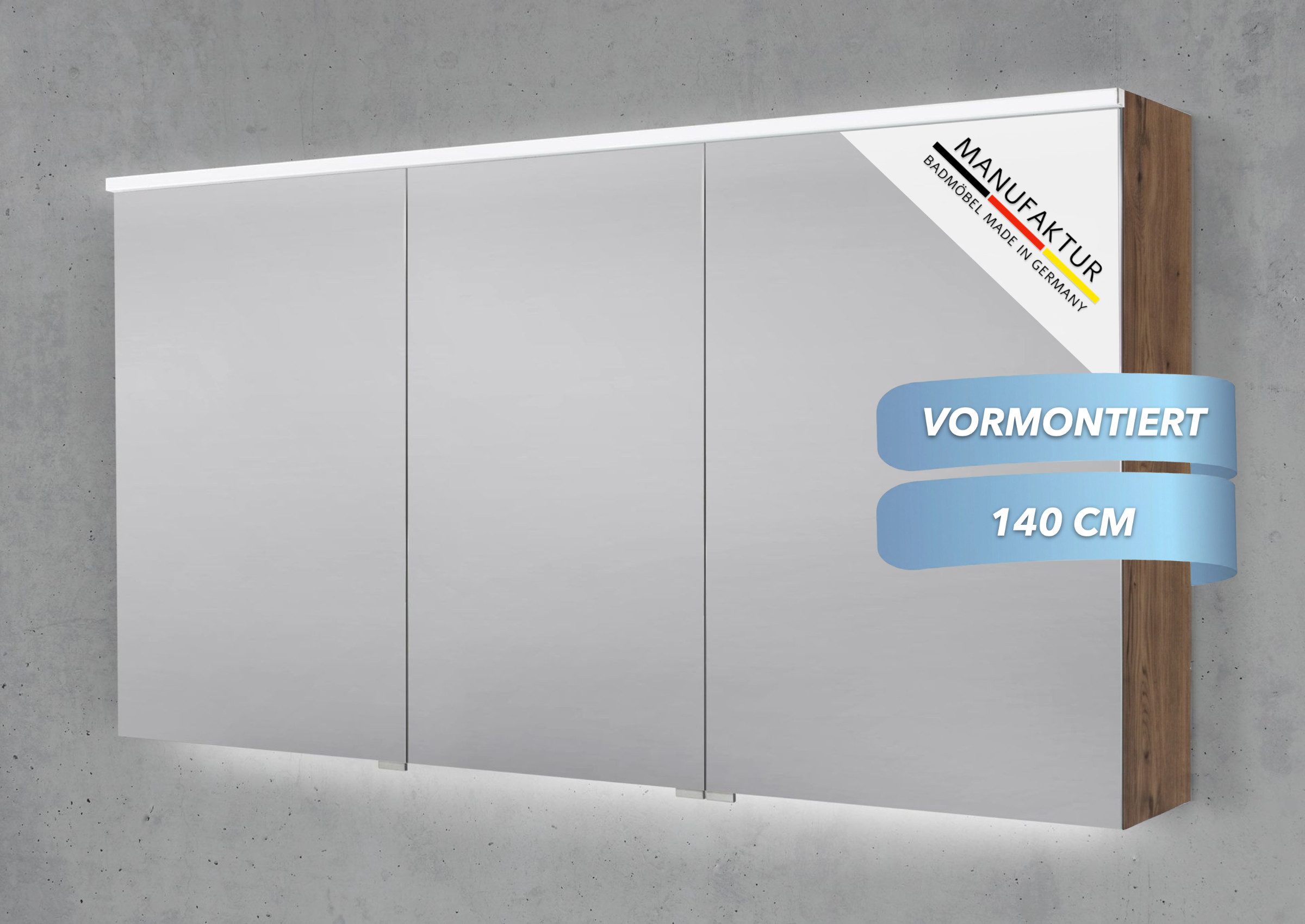 Intarbad Badezimmerspiegelschrank 3-türiger Spiegelschrank mit MULTI LED Beleuchtung, stufenlos dimmbar (Doppelspiegeltüren, Holz-/ Lackdekore, Maße von 90 bis 180 cm wählbar, Höhe 71,8 cm, Glasfachböden, Magnetleiste & Kosmetikspiegel Ø 12 cm) Vormontierte Lieferung, Floatglas, 160 kg Traglast, Made in Germany