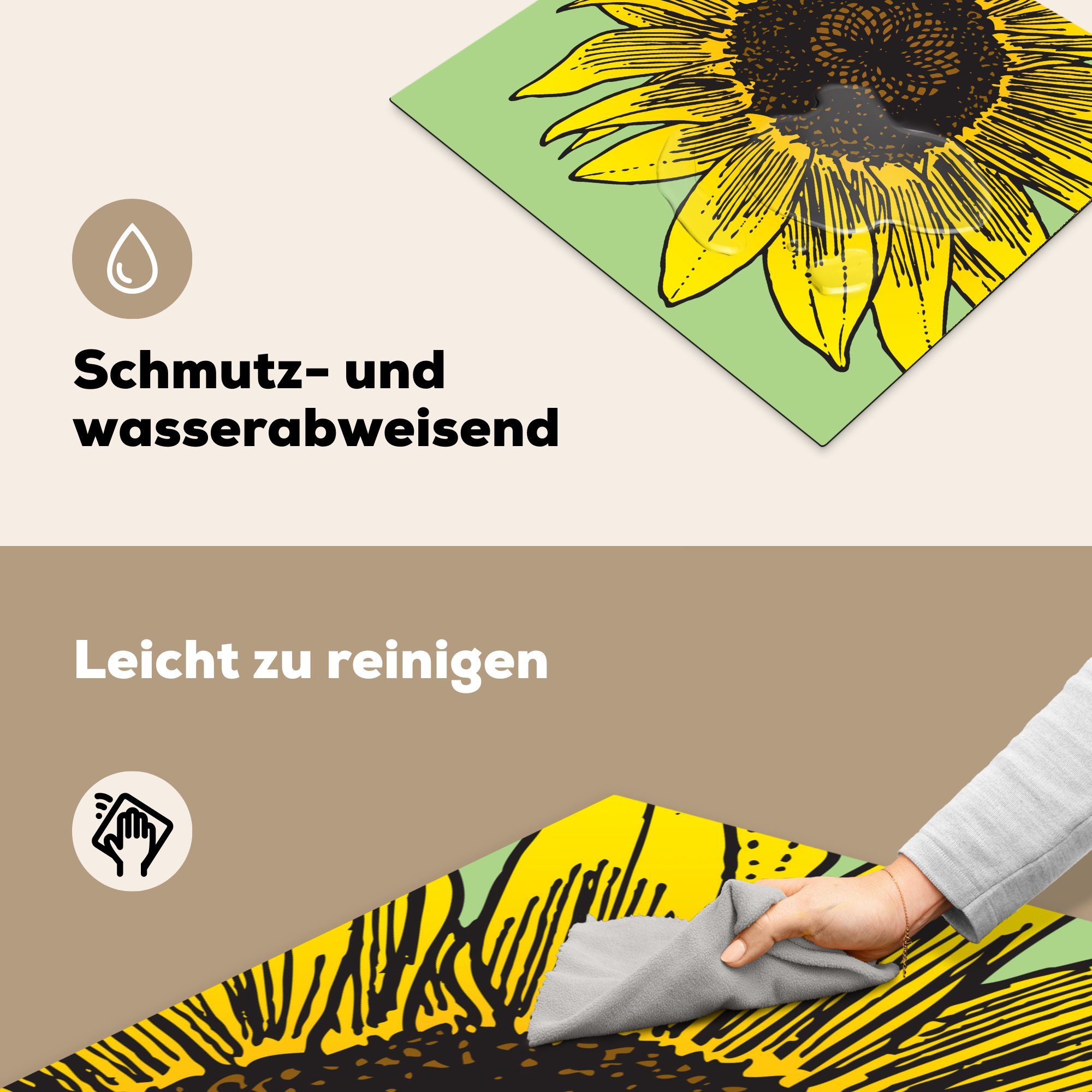 cm, nutzbar, Arbeitsfläche Hintergrund, einer Sonnenblume Illustration Vinyl, Ceranfeldabdeckung tlg), MuchoWow grünem Herdblende-/Abdeckplatte auf (1 Mobile 60x52