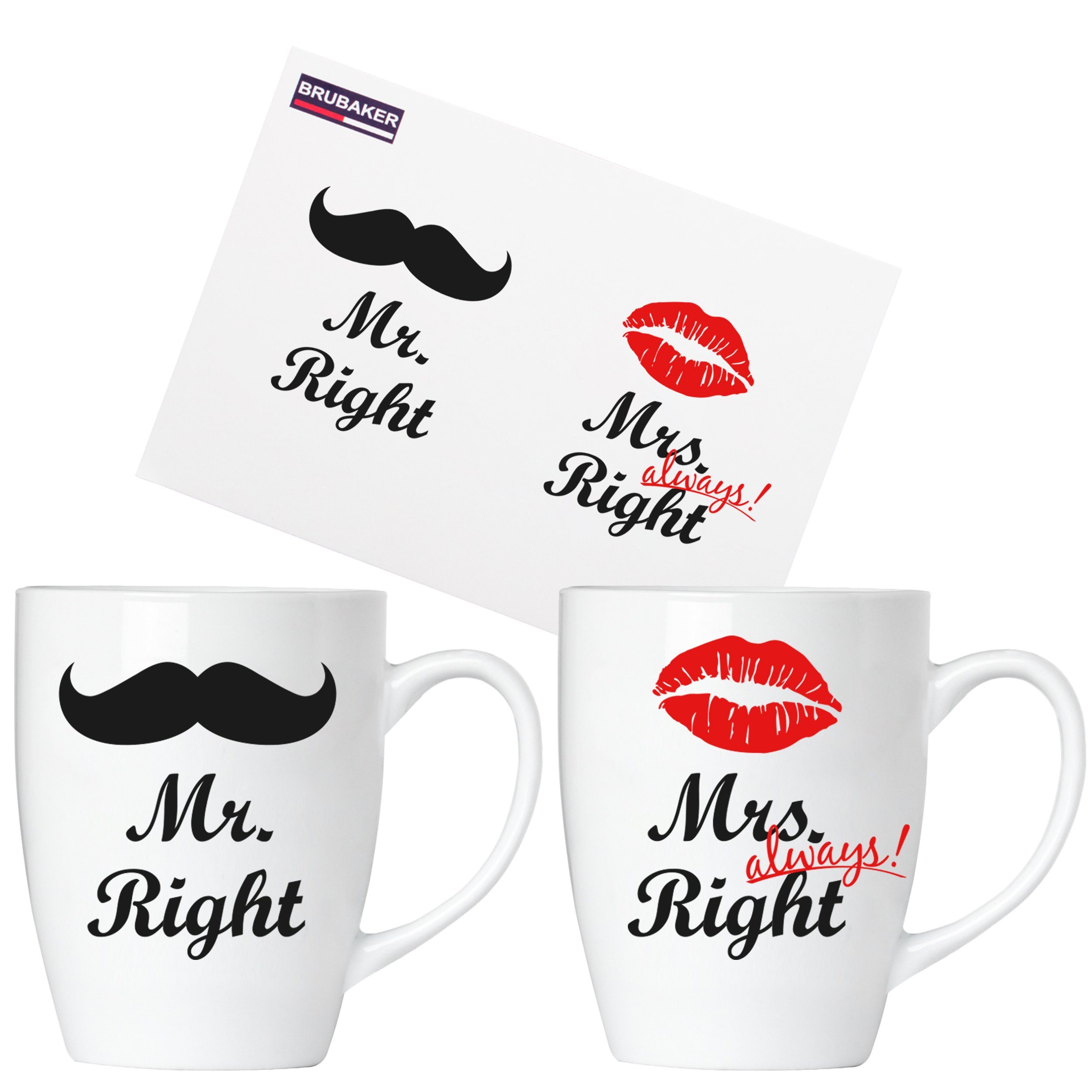 BRUBAKER Tasse 2er-Set Kaffeetassen Mr. Right & Mrs. Always Right, 4-tlg., Keramik, Kaffeebecher in Geschenkpackung mit Grußkarte, Becher Tassen für Paare