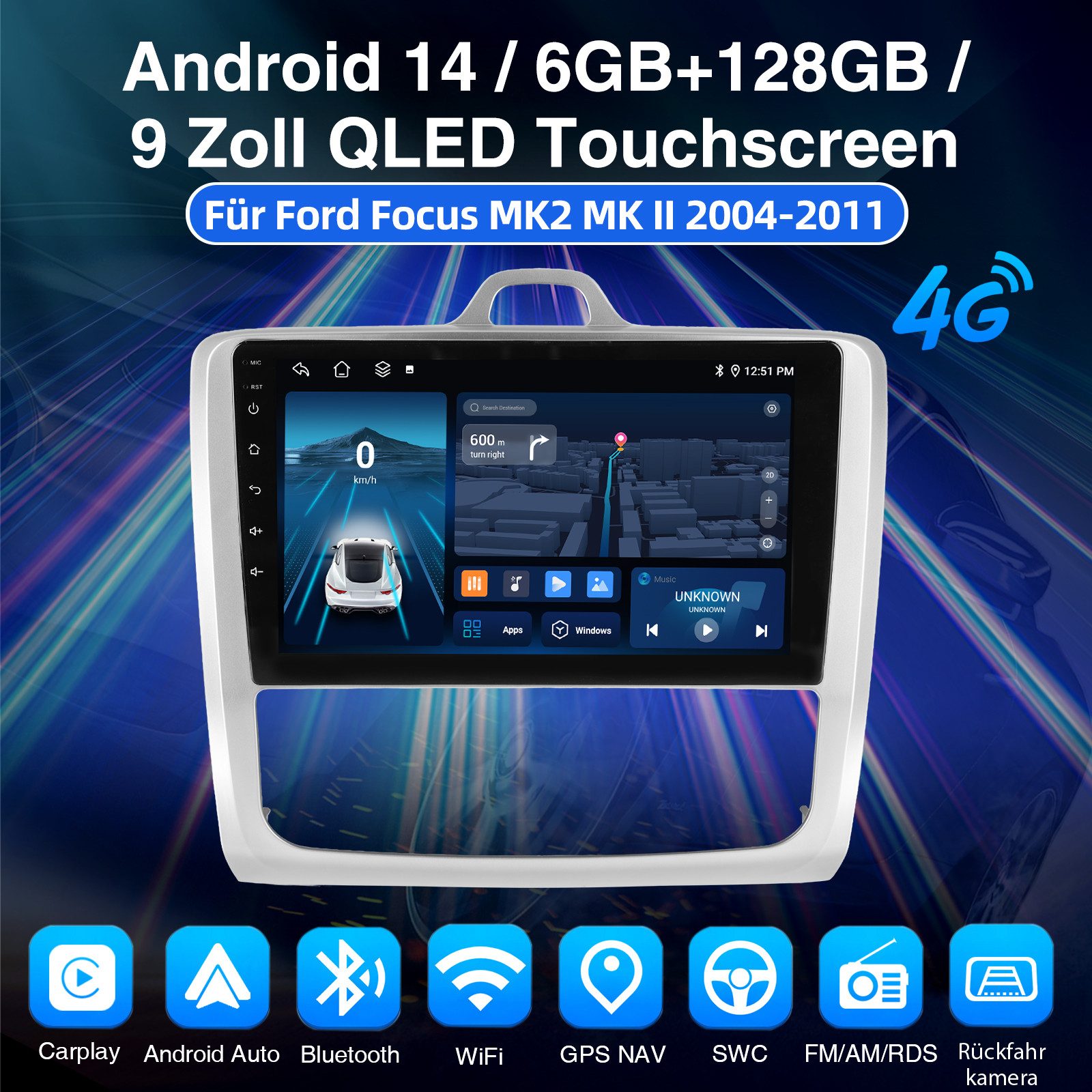 ESSGOO 6+128G Carplay Autoradio Android15 GPS Für Ford Focus MK2 II 2004-2011 Autoradio (RDS, Digitalradio (DAB), FM, 6+128GB(optional), SWC, Carplay Android Auto Bluetooth EQ USB GPS Navi WIFI Touchscreen)