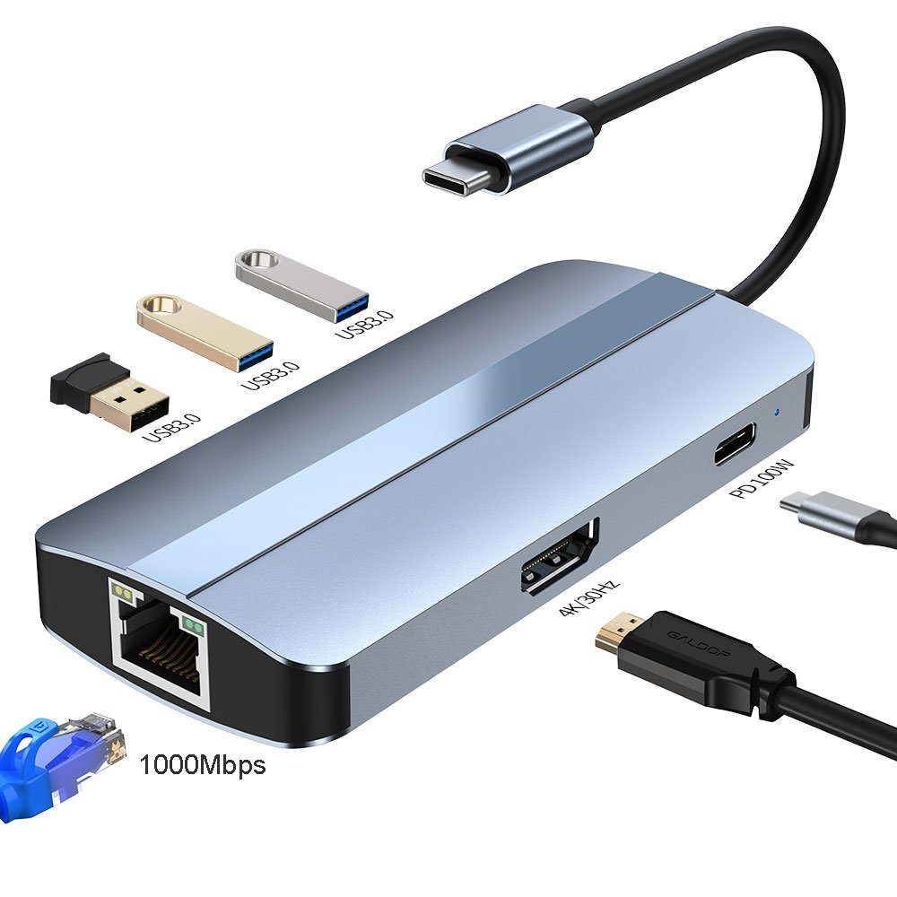 XIIW USB C Hub 6/7/11 in 1 Docking Satation Adapter mit 1000M Ethernet RJ45  4K HDMI VGA 100W PD 3 x USB 3.0, USB C Adapter für MacBook, iPad, Surface,  Galaxy, Lenovo, Dell