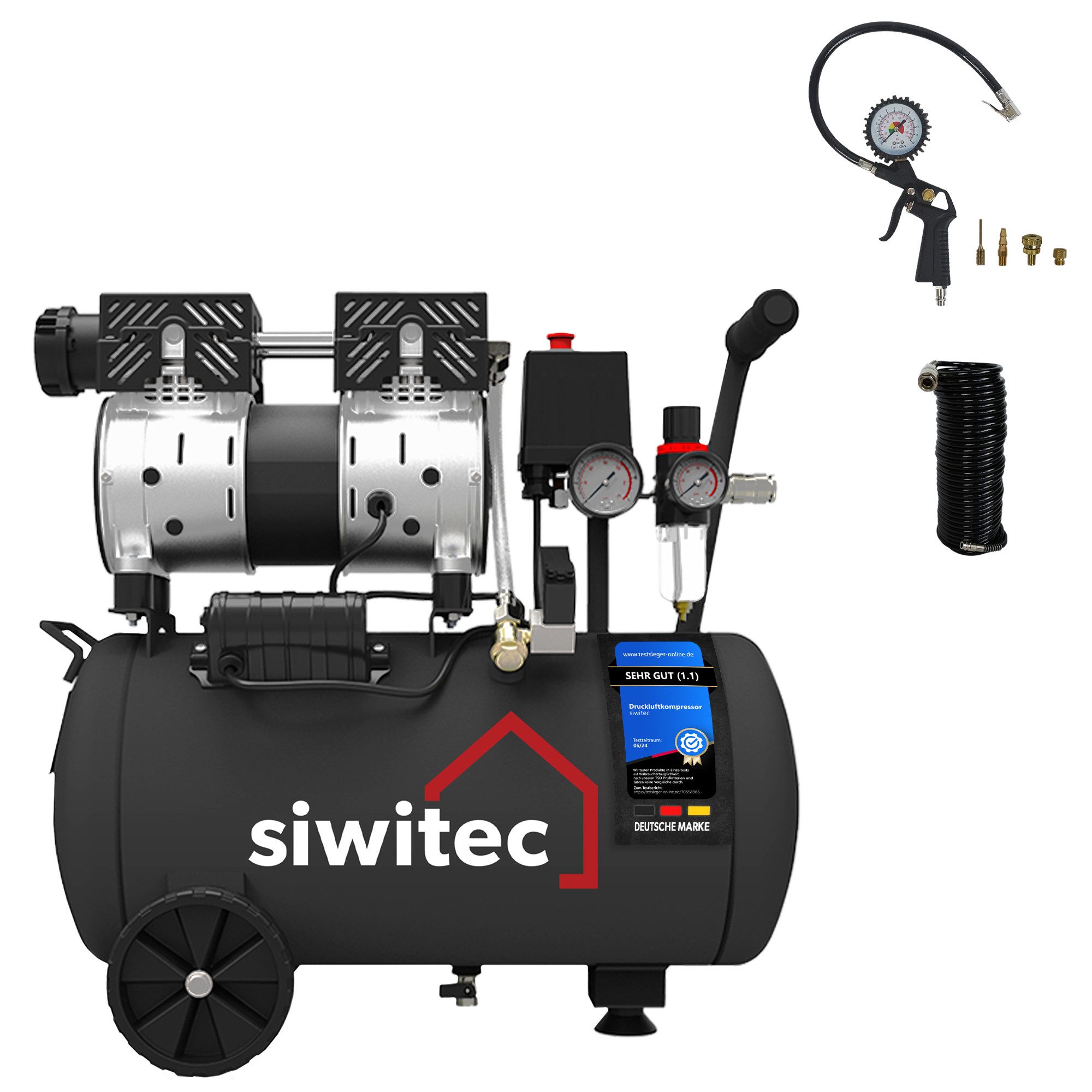 Kompressor Flüsterkompressor 750W Set mit 10m Druckluftschlauch, Druckluft-Reifen