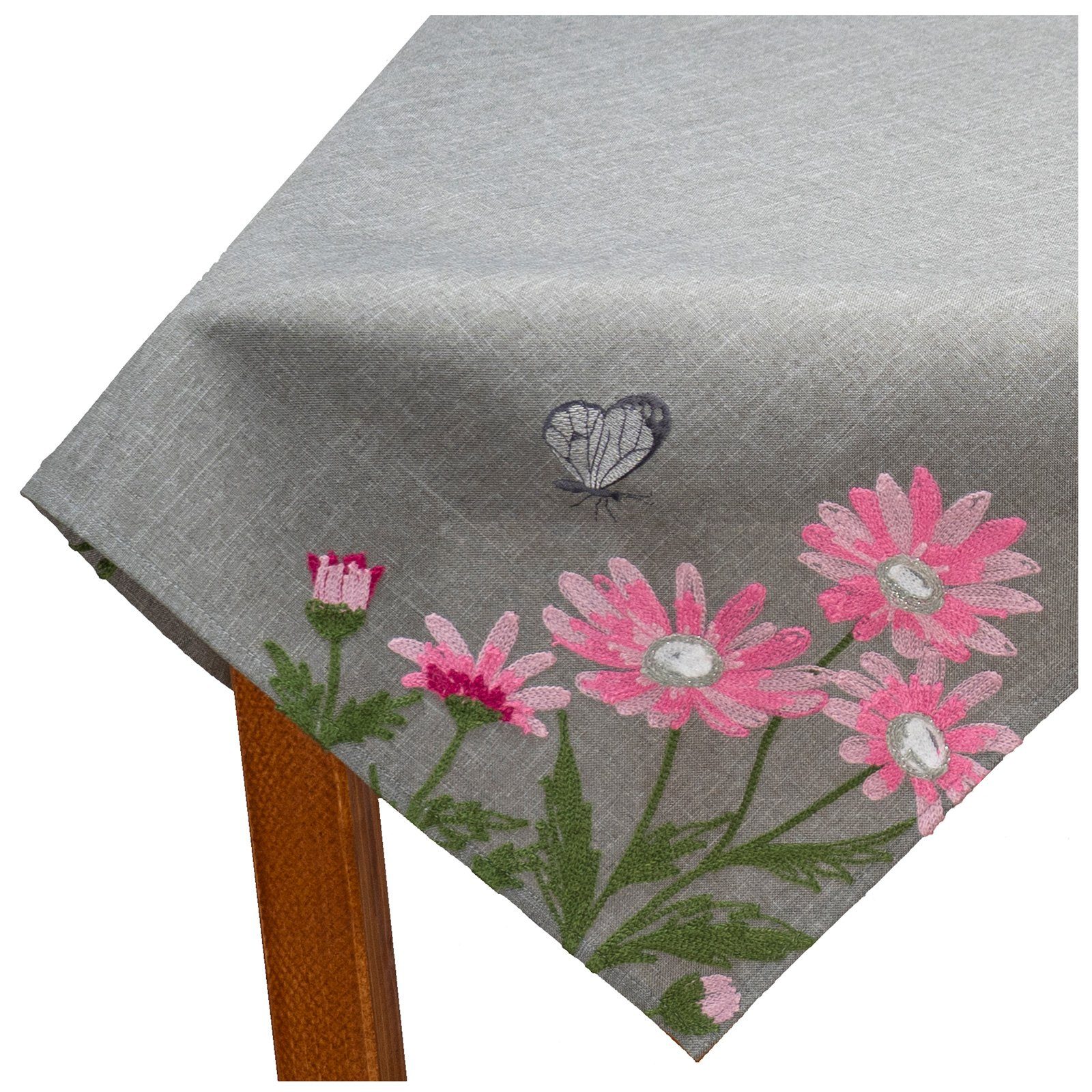 heimtexland Tischdecke Tischdeko Serie Blumen Tischwäsche Deko Kissen (1-tlg), Mitteldecke 85x85 I rosa bestickt I Leinen-Optik