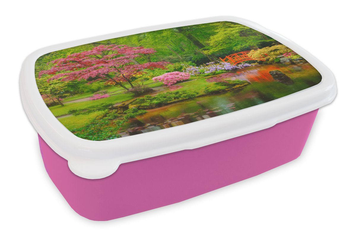 MuchoWow Lunchbox Brücke - Japanisch - Botanisch - Bäume - Blumen, Kunststoff, (2-tlg), Brotbox für Erwachsene, Brotdose Kinder, Snackbox, Mädchen, Kunststoff rosa