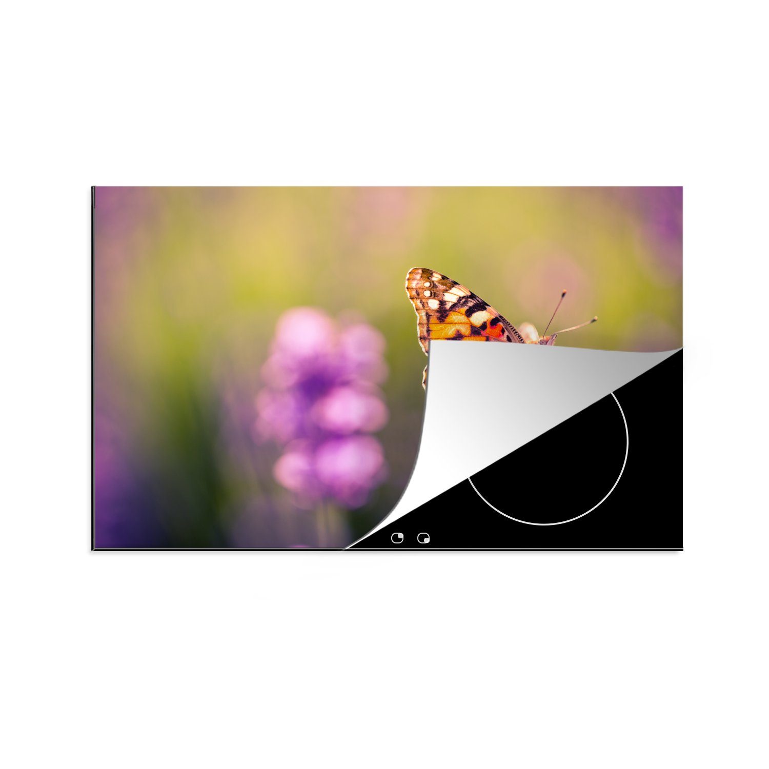 MuchoWow Herdblende-/Abdeckplatte Nahaufnahme Schmetterling im Lavendelfeld, Vinyl, (1 tlg), 81x52 cm, Induktionskochfeld Schutz für die küche, Ceranfeldabdeckung
