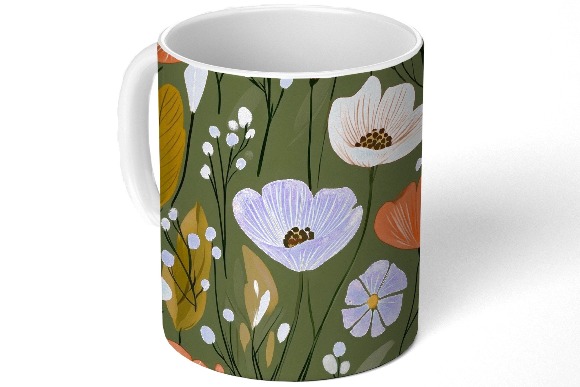 MuchoWow Tasse Blumen - Illustration - Grün, 1-tlg., Keramik, Kaffeetassen, Teetasse, Becher, Kaffeebecher, Geschenk