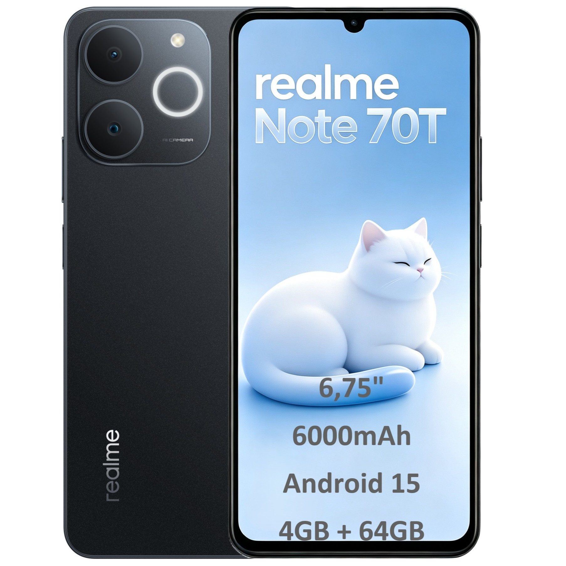 Realme Note 70T 6,75'' Smartphone 6000mAh, 7,94mm Ultra-Slim, IP54 Handy Smartphone (6.75 Zoll, 64 GB Speicherplatz, 13 MP Kamera, Android 15, 90Hz, 4GB + 64GB, Militär-Stoßfest, 15W Schnellladung)