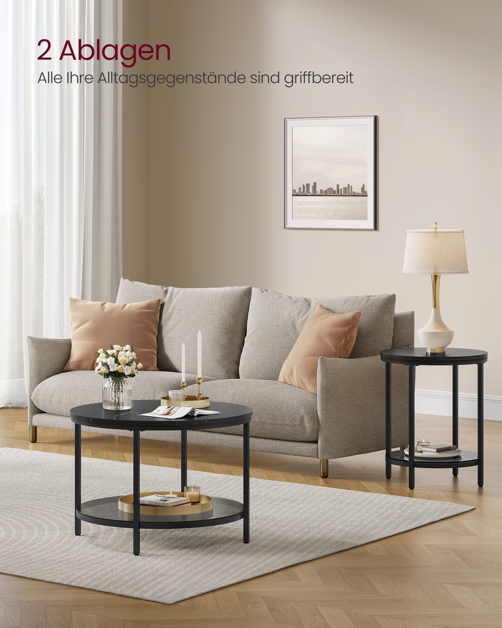 VASAGLE Couchtisch, Beistelltisch, Ø 65/80 x 46cm, Marmoroptik, Hartglasabl günstig online kaufen