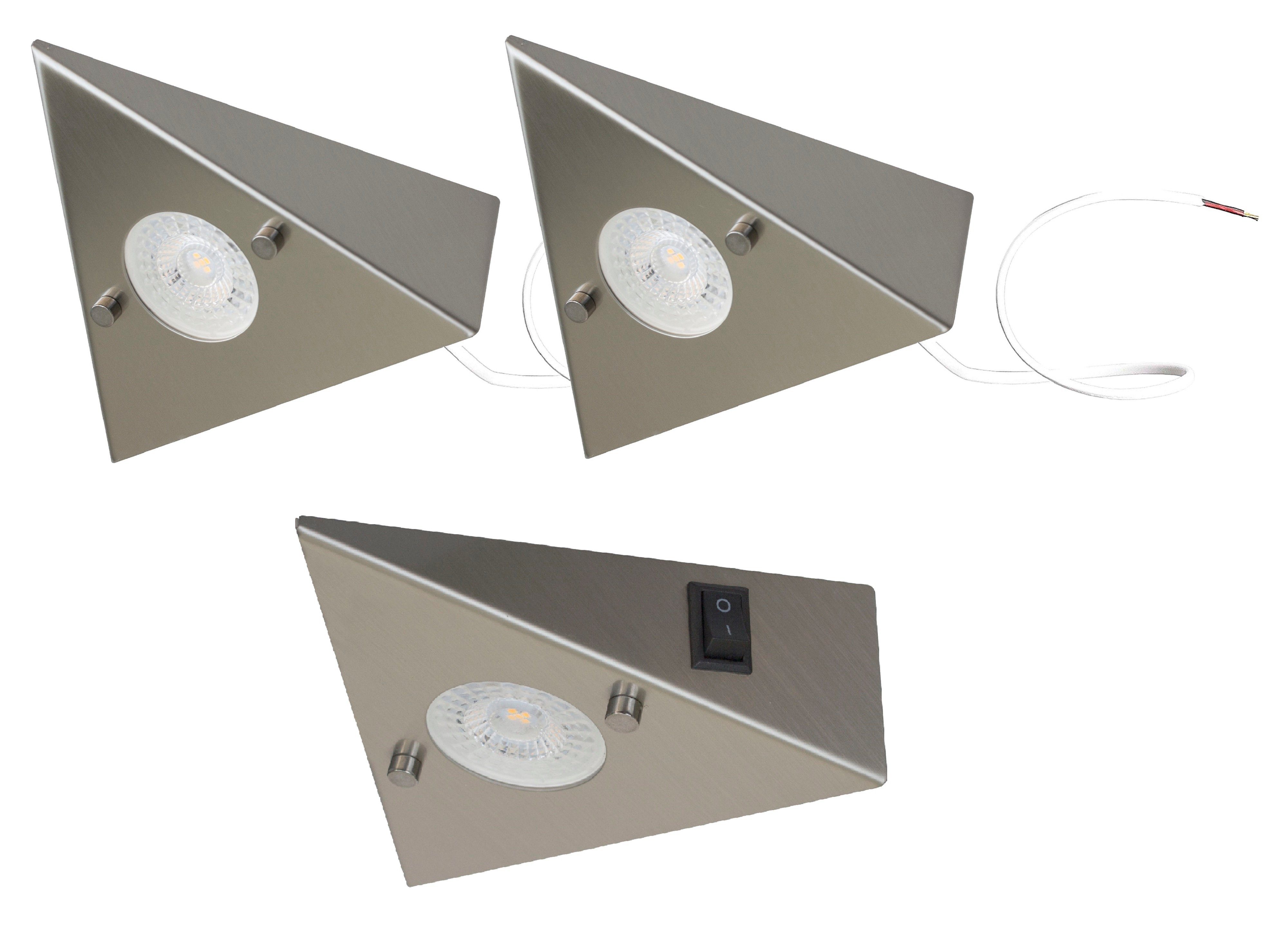TRANGO LED Unterbauleuchte, 3er Set 6739-32 LED-Küchenunterbauleuchte *COOK* LED Einbauleuchte - Einbaustrahler aus Edelstahl inkl. 3x 4,8 Watt LED Modul 3000K warmweiß - direkt 230 Volt - beliebig erweiterbar, Schalter - Dreieckleuchte – Schrankleuchte