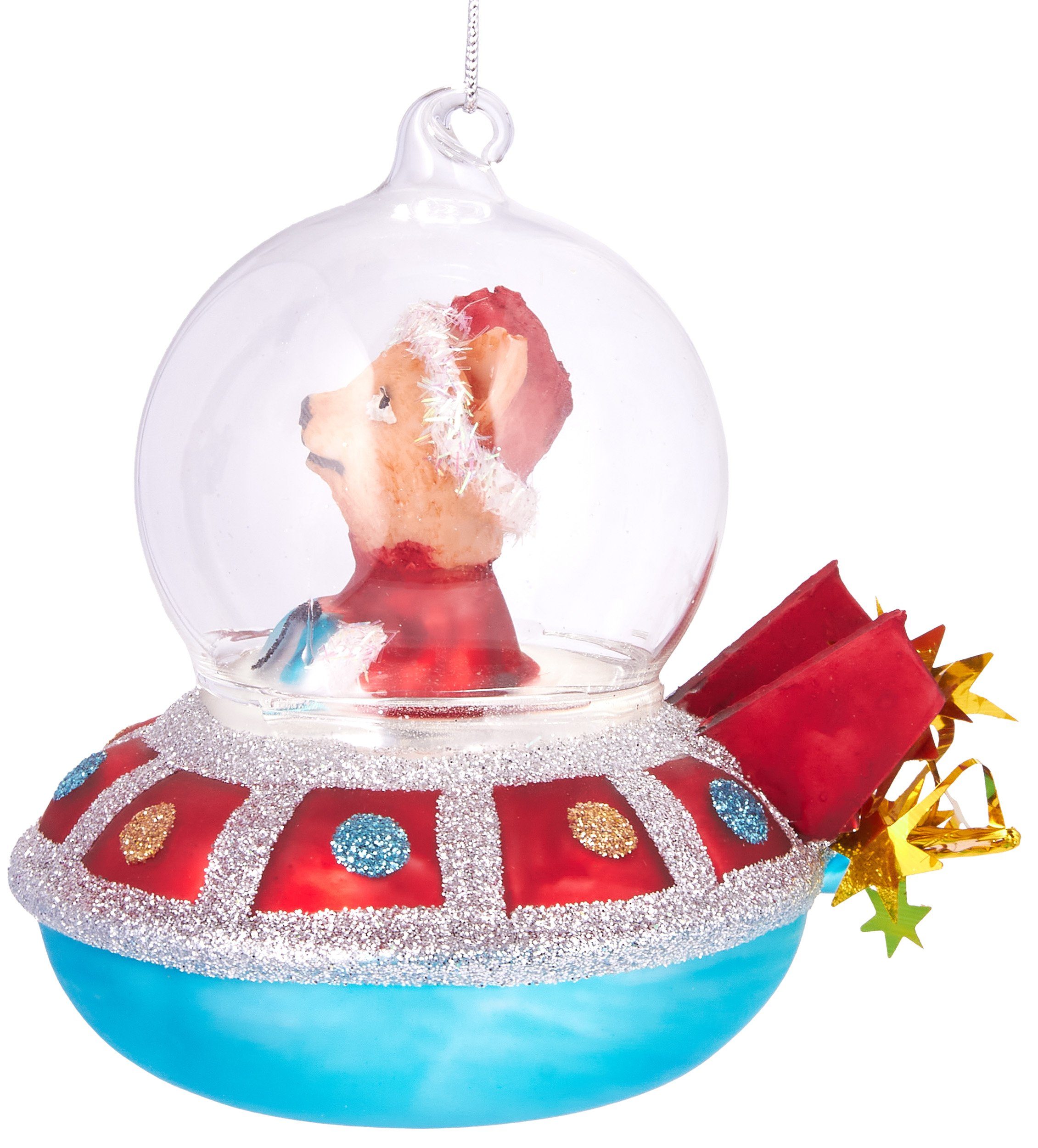 roten Glas, aus Mundgeblasene cm im Weihnachtsschmuck-Anhänger Baumkugel 10 BRUBAKER Hund Lustige futuristischer UFO, handbemalt - Christbaumschmuck Weihnachtskugel