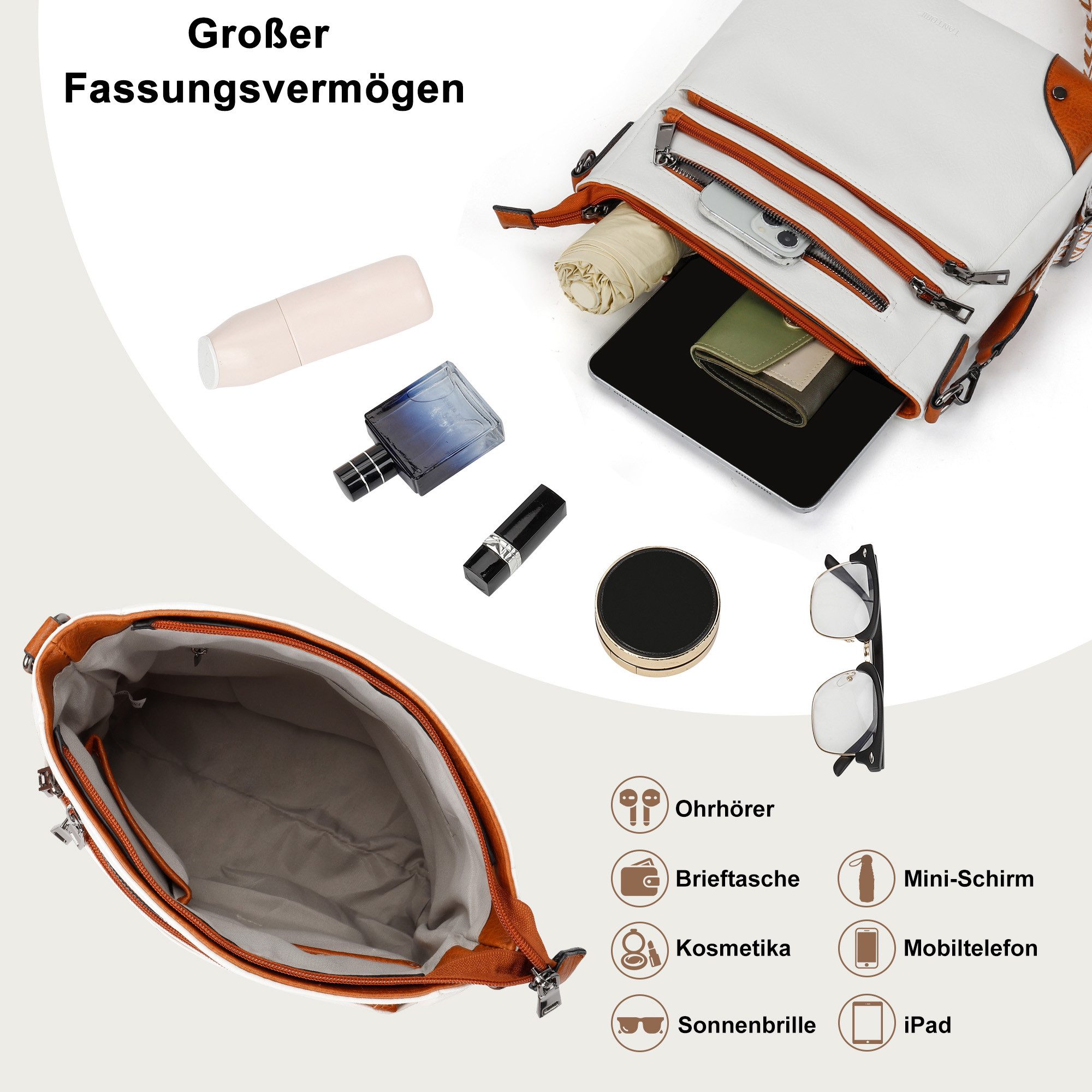 TAN.TOMI Umhängetasche Damen Mittelgroß Schultertasche Mehrere Taschen Crossbody Bag, Mit Verstellbarem Gurt für Schule Arbeit Reisen Ausflug Einkauf