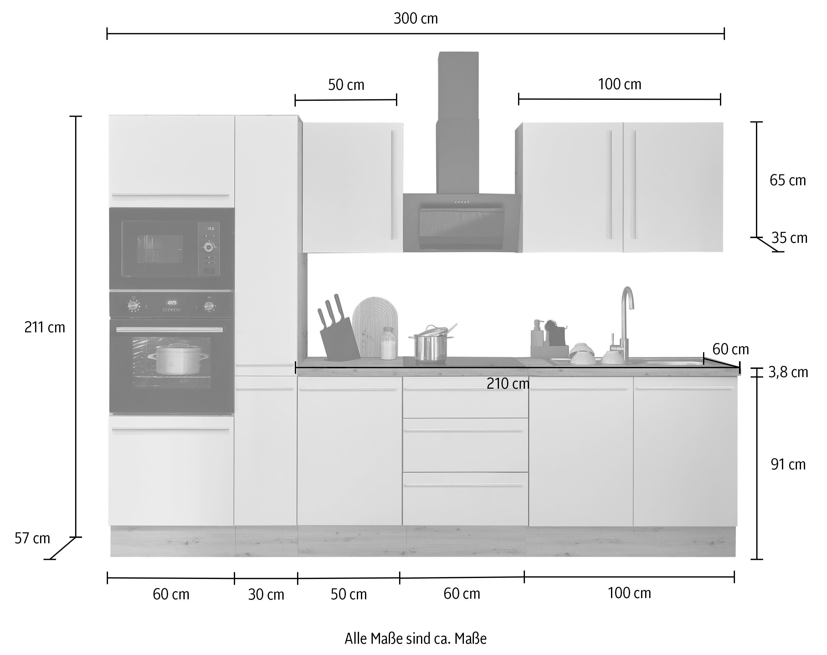 KOCHSTATION Küchenzeile Florida, Breite 300 cm, wahlweise mit E-Geräten,Softclose für Türen/Schubkästen