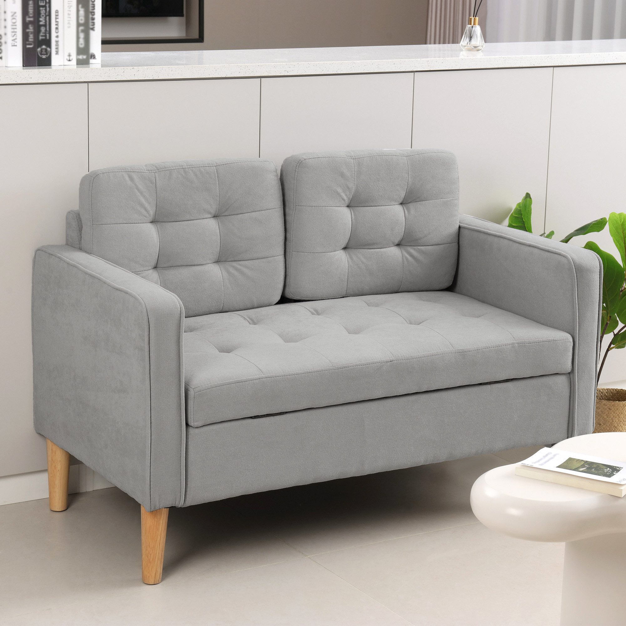 HOMCOM 2-Sitzer Couch mit Stauraum, Polstersofa mit Samtoptik, Polstersofa 1 Teile, für Wohnzimmer, Hellgrau