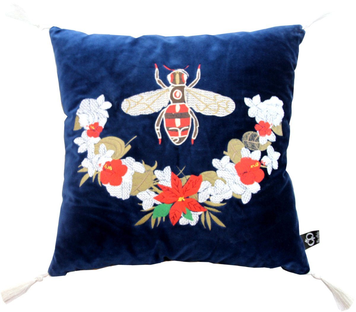 Casa Padrino Dekokissen Luxus Deko Kissen mit Troddeln Bee Blau / Weiß 45 x 45 cm - Feinster Samtstoff - Luxus Deko Accessoires | Dekokissen
