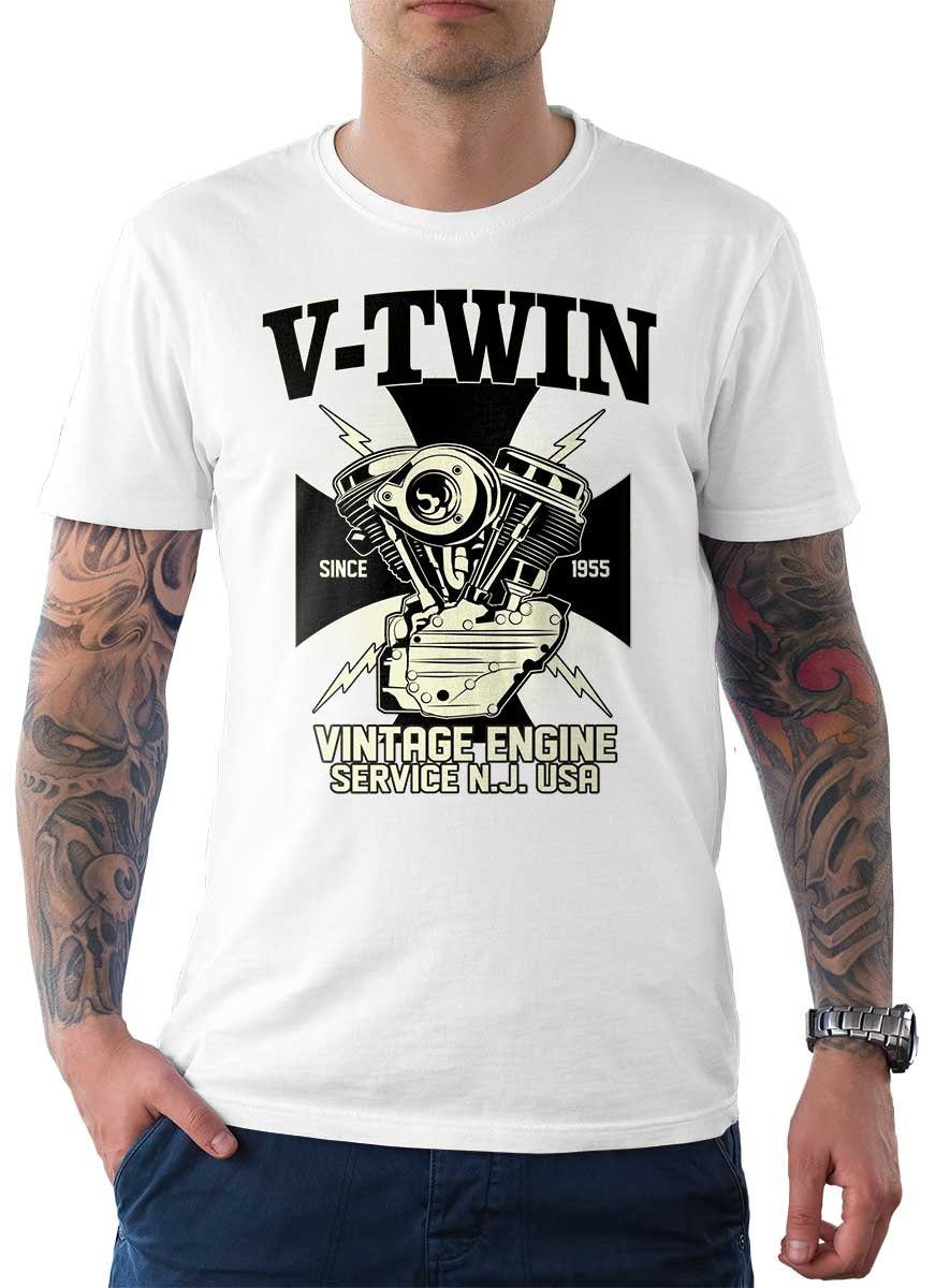 Rebel On Wheels T-Shirt Herren T-Shirt Tee Vintage Engine mit Biker / Motorrad Motiv Weiß