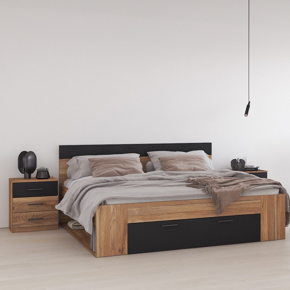 Lomadox Schlafzimmer-Set BIRMINGHAM-83, (Spar-Set, 2-tlg., Bettgestell Nachttisch), Bett 180x200 cm, Eiche mit schwarz