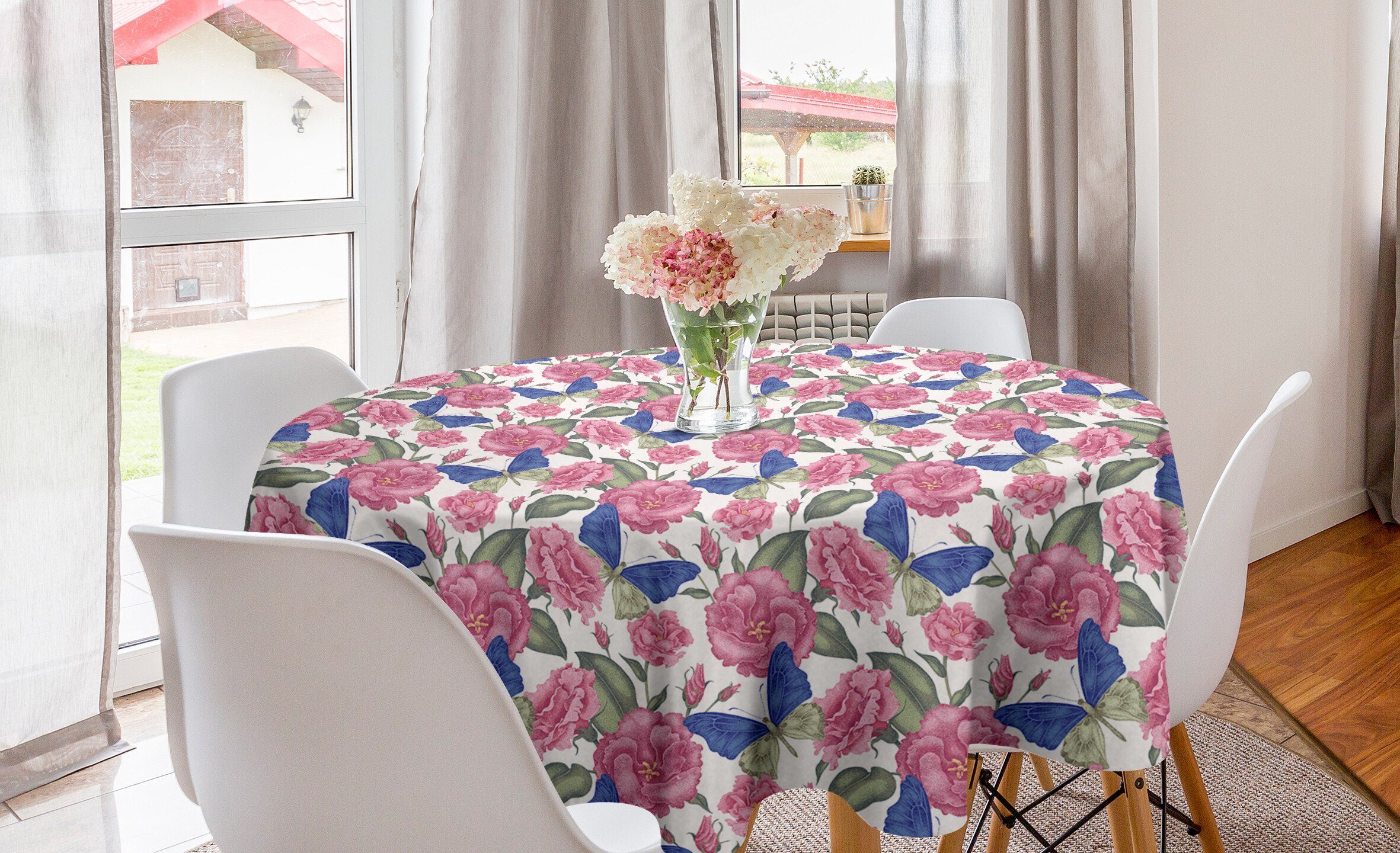 Abakuhaus Tischdecke Kreis Tischdecke Abdeckung für Esszimmer Küche Dekoration, Garten-Kunst Schmetterlinge Rosa Blumen