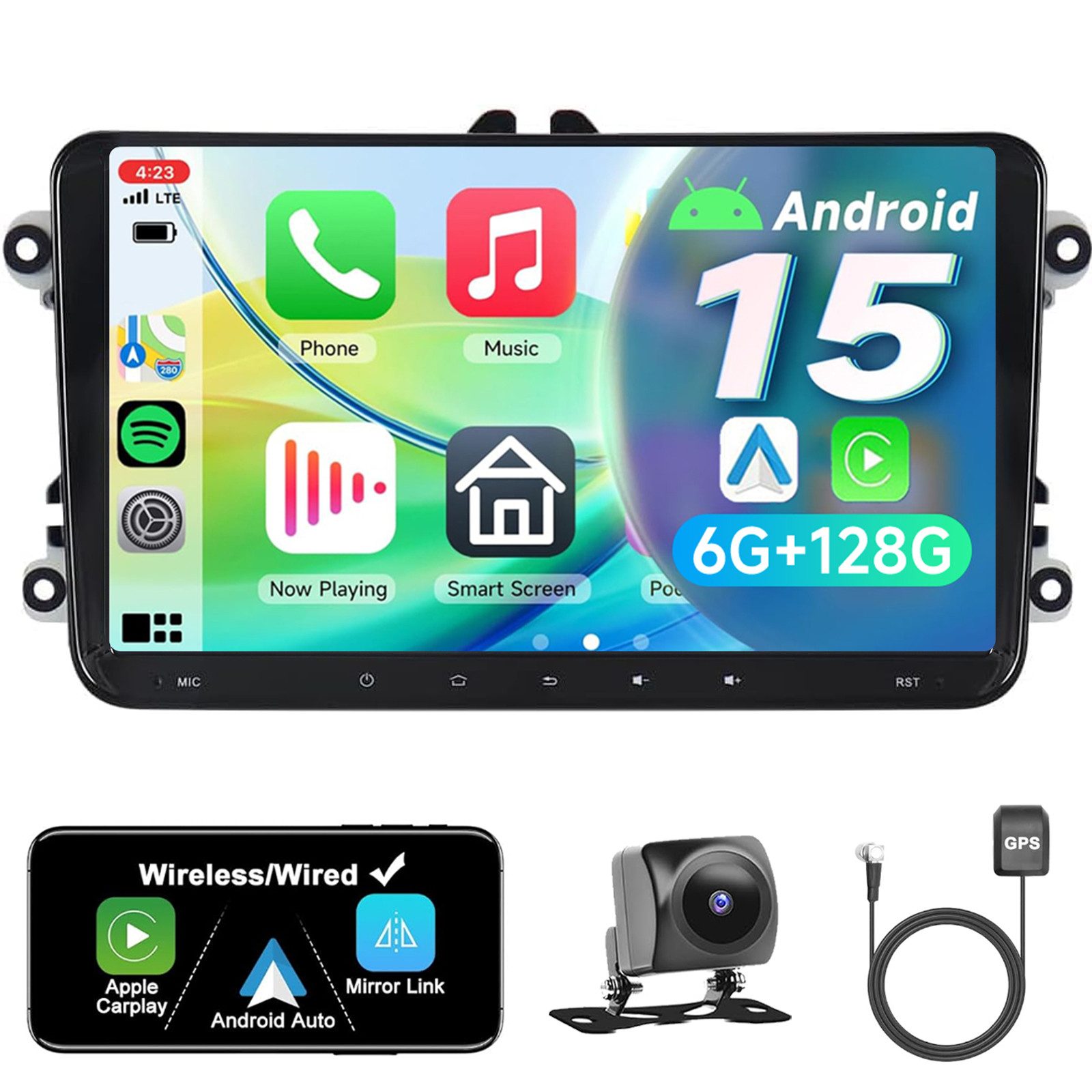 A-Sure 9" 6+128G Android 15 Carplay Für VW GOLF 5 6 Tiguan Touran Polo Caddy Autoradio (RDS, DSP, Digitalradio (DAB), FM, AM, 1080P IPS Screen/8-Core CPU/6+128GB/4G Lte)