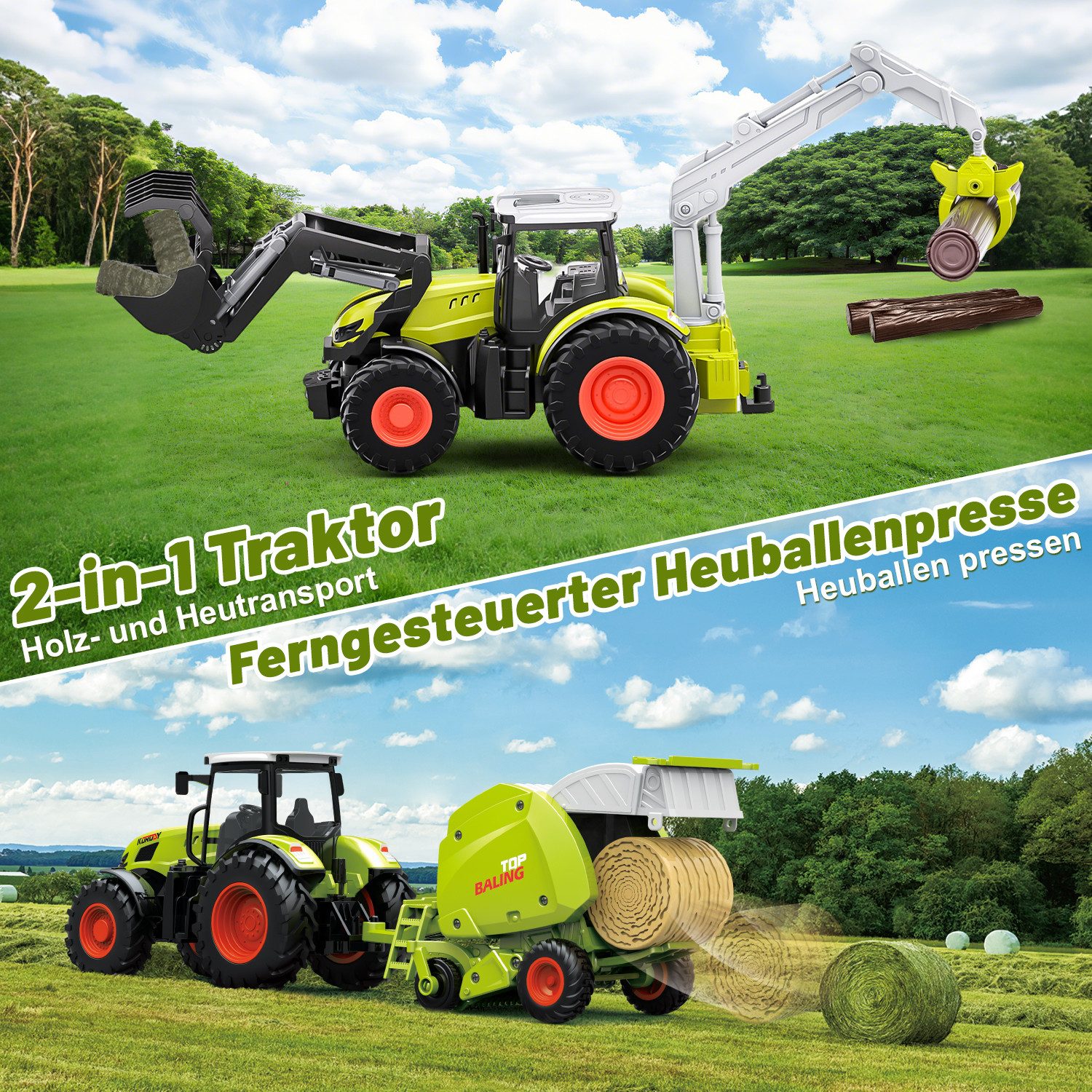 Esun RC-Traktor Ferngesteuerter Traktor mit Anhänger, Ballenwagen und Holztransporter (Set, Komplettset), Spielzeug Ballenpresse/Rundballenpresse/Ballenwage
