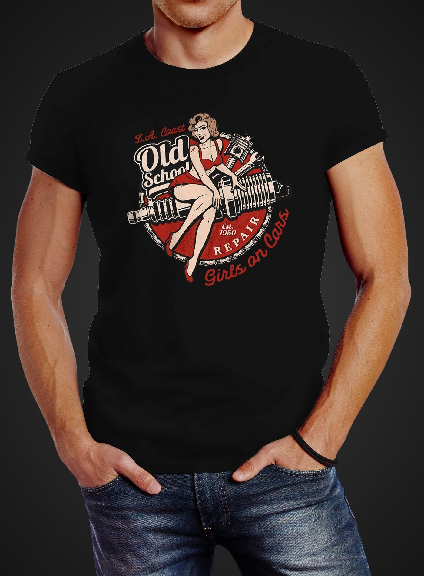 Neverless Print-Shirt Herren T-Shirt Girls on Cars Retro Vintage Print Pin up Girl Logo mit Print