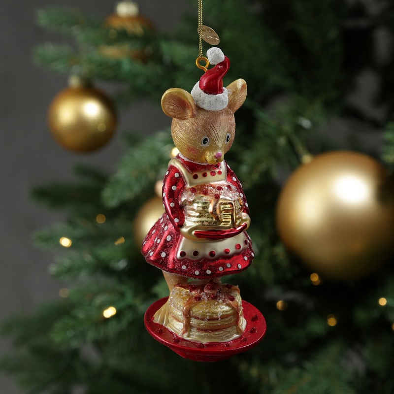 MARELIDA Christbaumschmuck Weihnachtsbaumschmuck süße Maus mit Pfannkuchen Bäckerei Glas H: 15cm