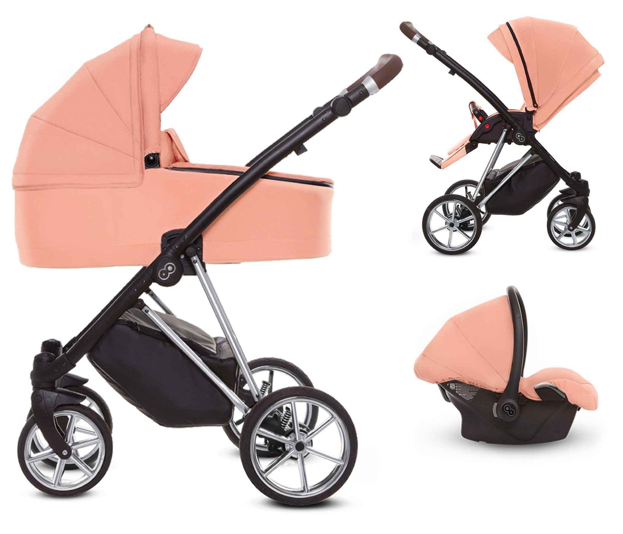 TPFLiving Kombi-Kinderwagen 3 in 1 Musse Ultra, Baby Buggy Babywanne Autositz, großes Zubehör-Set Kinderwagen 3 in 1 Stoff Apricot, Gestell Silber