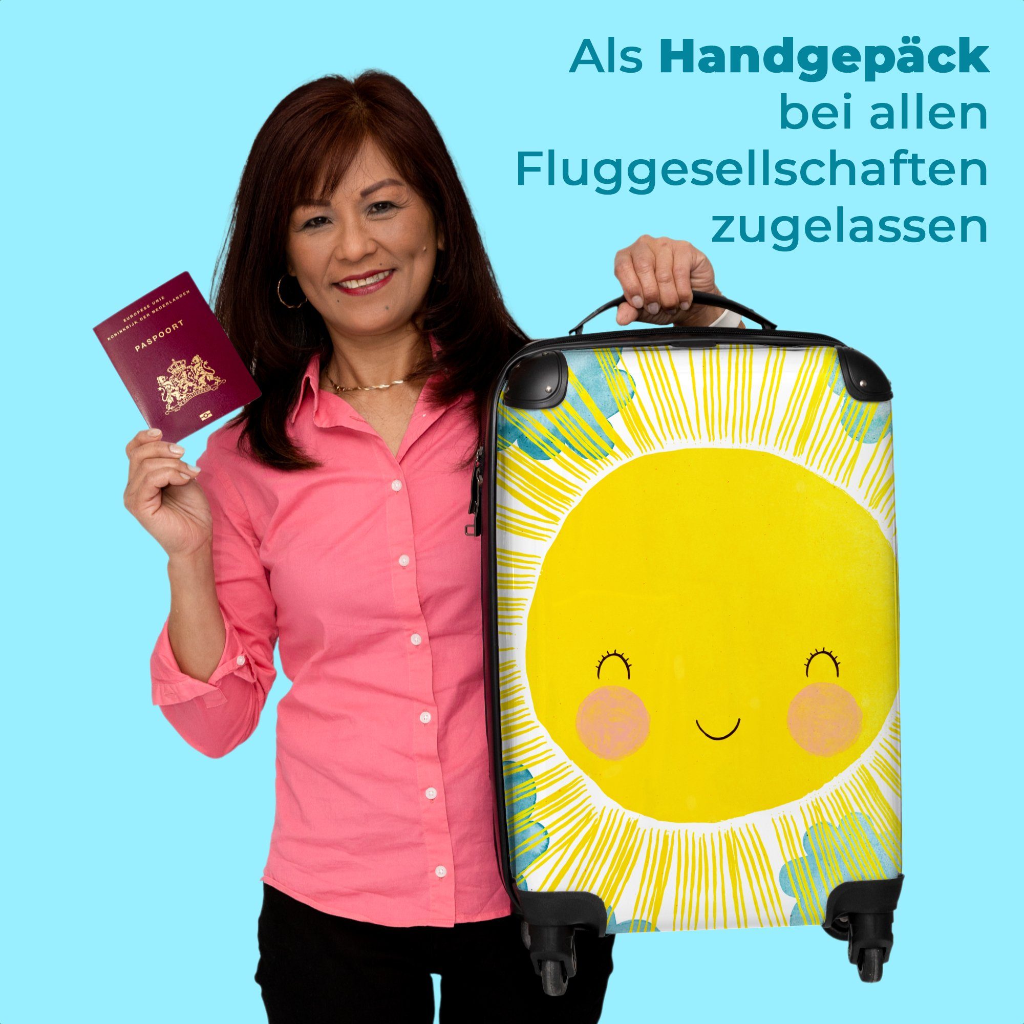 Handgepäckkoffer Illustration, Kinder 4 NoBoringSuitcases.com© Rollkoffer Rollen - - - Trolley Reisekoffer Kleine Sonne Cabin 4 Rollen, Handgepäck - mit Gelb 55x35x20cm