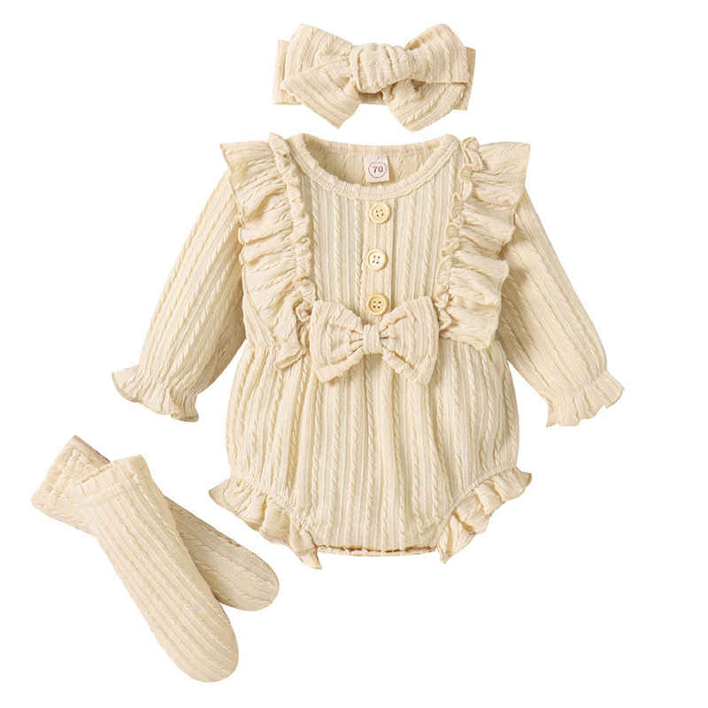 Gluckids Strampler Neugeborenes Langarm strampler Schleife Babykleidung Kleinkind Outfits (Strampler + Stirnband + Socken, 3-tlg) Jacquard Overall Bodysuit Outfit für Baby Mädchen, Einfarbig, Rüschen