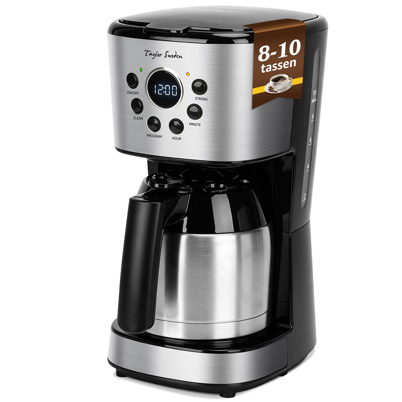 Taylor Swoden Filterkaffeemaschine Kaffeemaschine mit Thermoskanne 10 Tassen, 1.25l Kaffeekanne, Papierfilter, Programmierbarer Brühstart, Stärke wählbar: kräftig oder mild