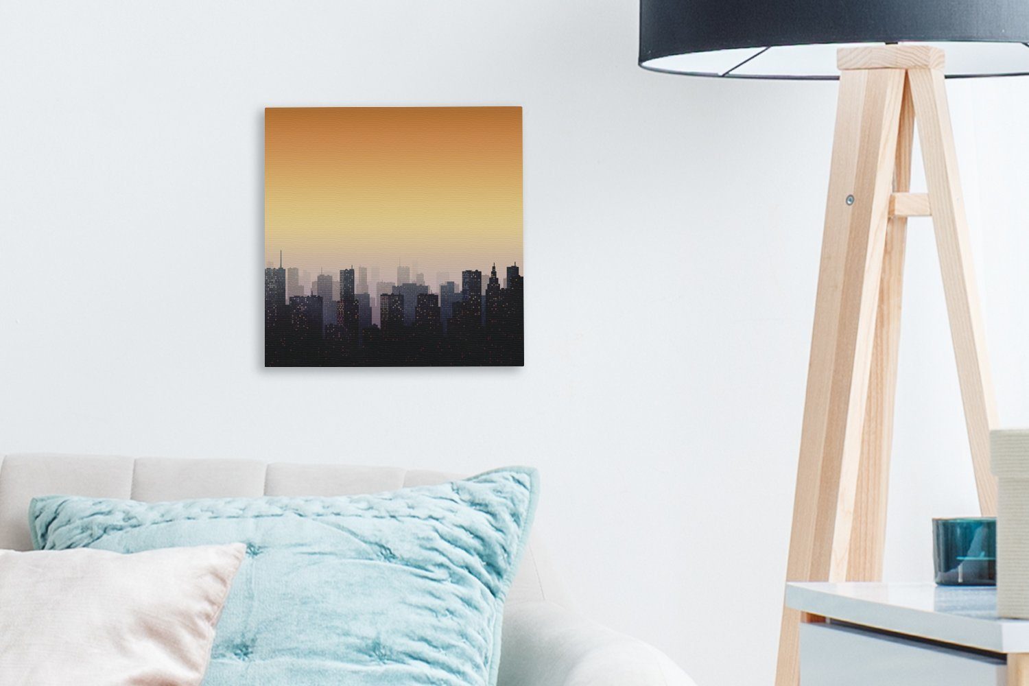 Dämmerung Schlafzimmer Bilder (1 bei Leinwandbild Sonnenuntergang, für einer Eine Stadt der Illustration Leinwand OneMillionCanvasses® St), Wohnzimmer