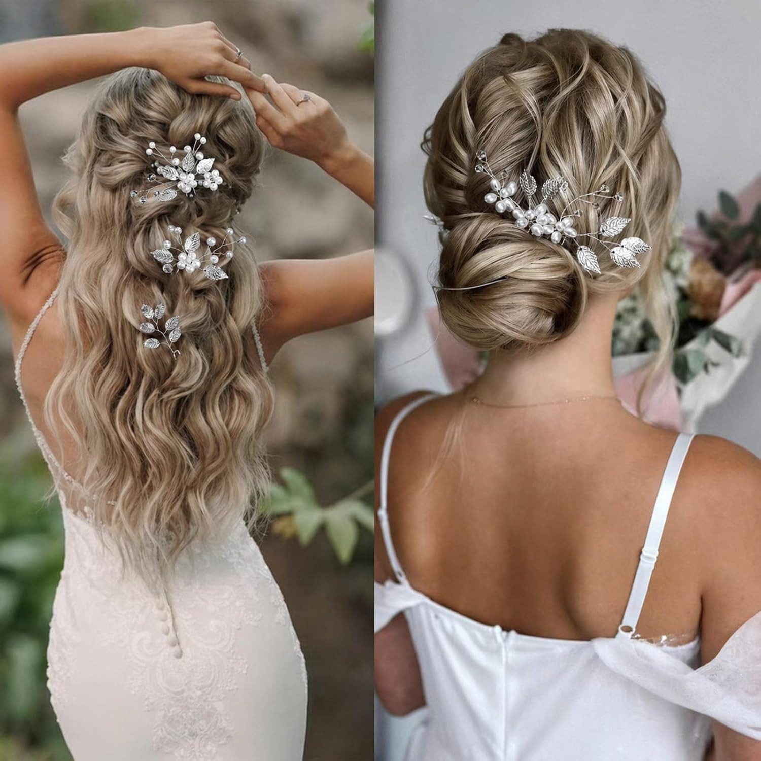 MOPUEA Haarspange Haarschmuck 4er Set mit Perlen, Kristall & Blättern Haarkamm, Set, 4-tlg., 1 Haarkamm Hochzeit + 3 Haarpins, Brautschmuck Haare für Damen, Kommunion & Konfirmation