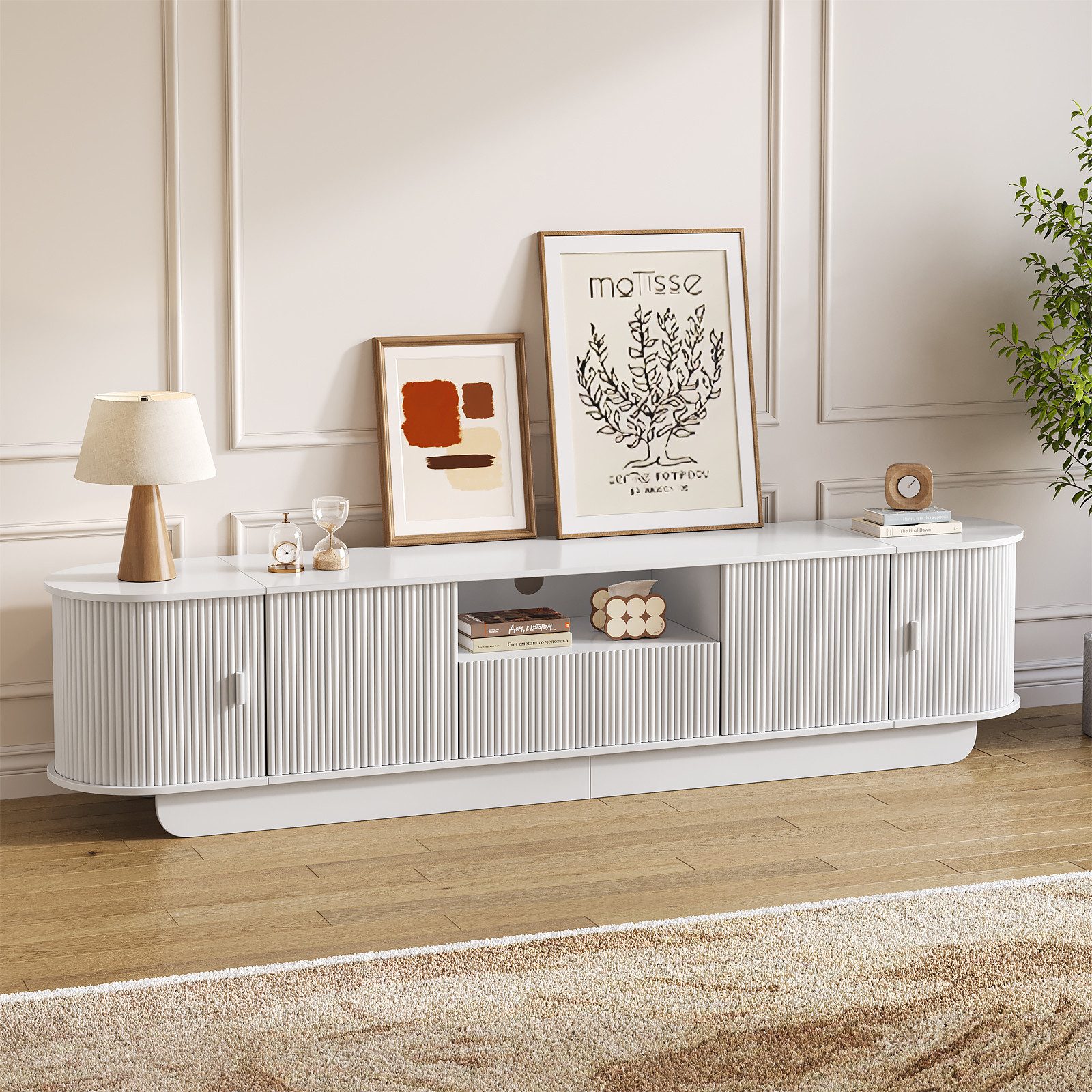 SVEYLXA TV-Schrank TV Lowboard 175 cm mit Rillen-Schiebetüren (1-St) mit Rundungen und Kabelmanagement, weiß