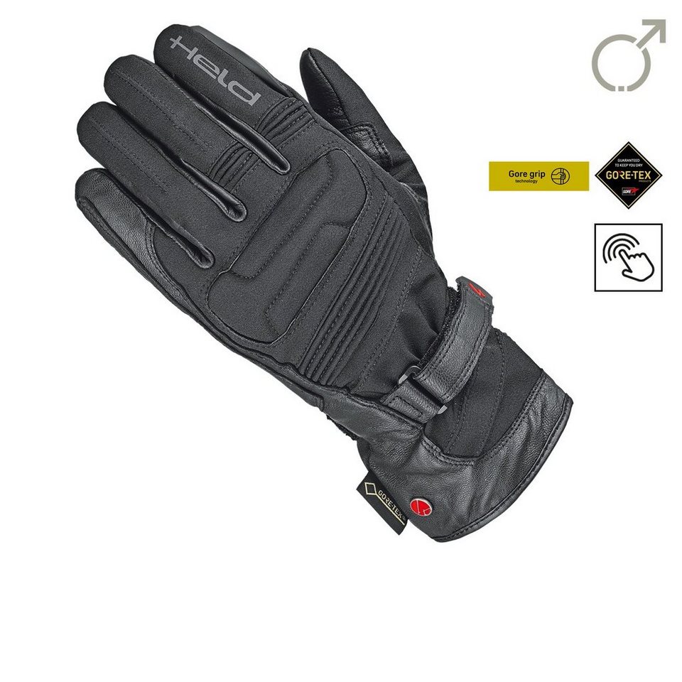 Held Biker Fashion Motorradhandschuhe Held Handschuh Satu II Herren schwarz  wasserdichter Motorradhandschuh aus Leder-Textil-Mix mit Gore-Tex