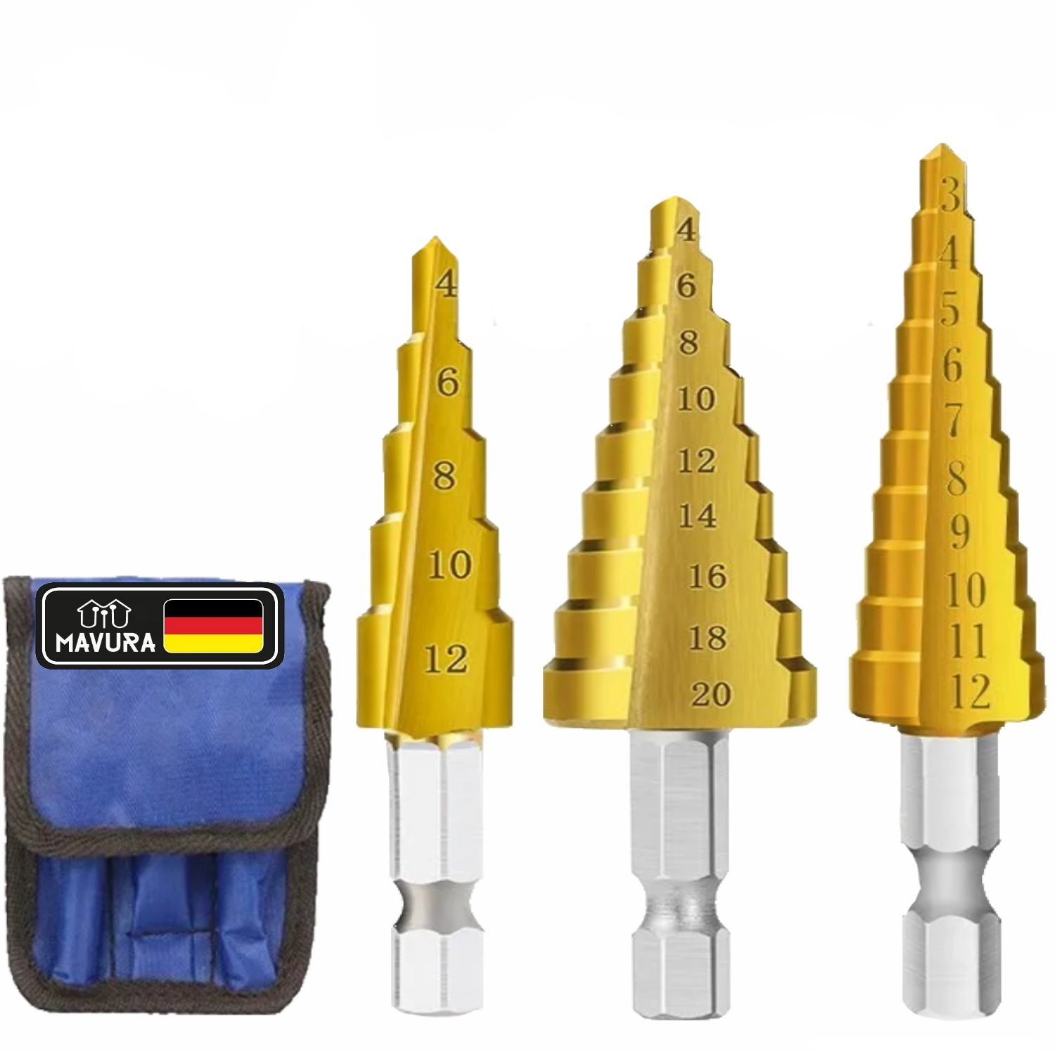 MAVURA Stufenbohrer PyraDrill Fräsbohrer Konusbohrer, HSS Kegelsenker Metallfräser 3er Edelstahl Set Kegelbohrer Metallbohrer Schälbohrer