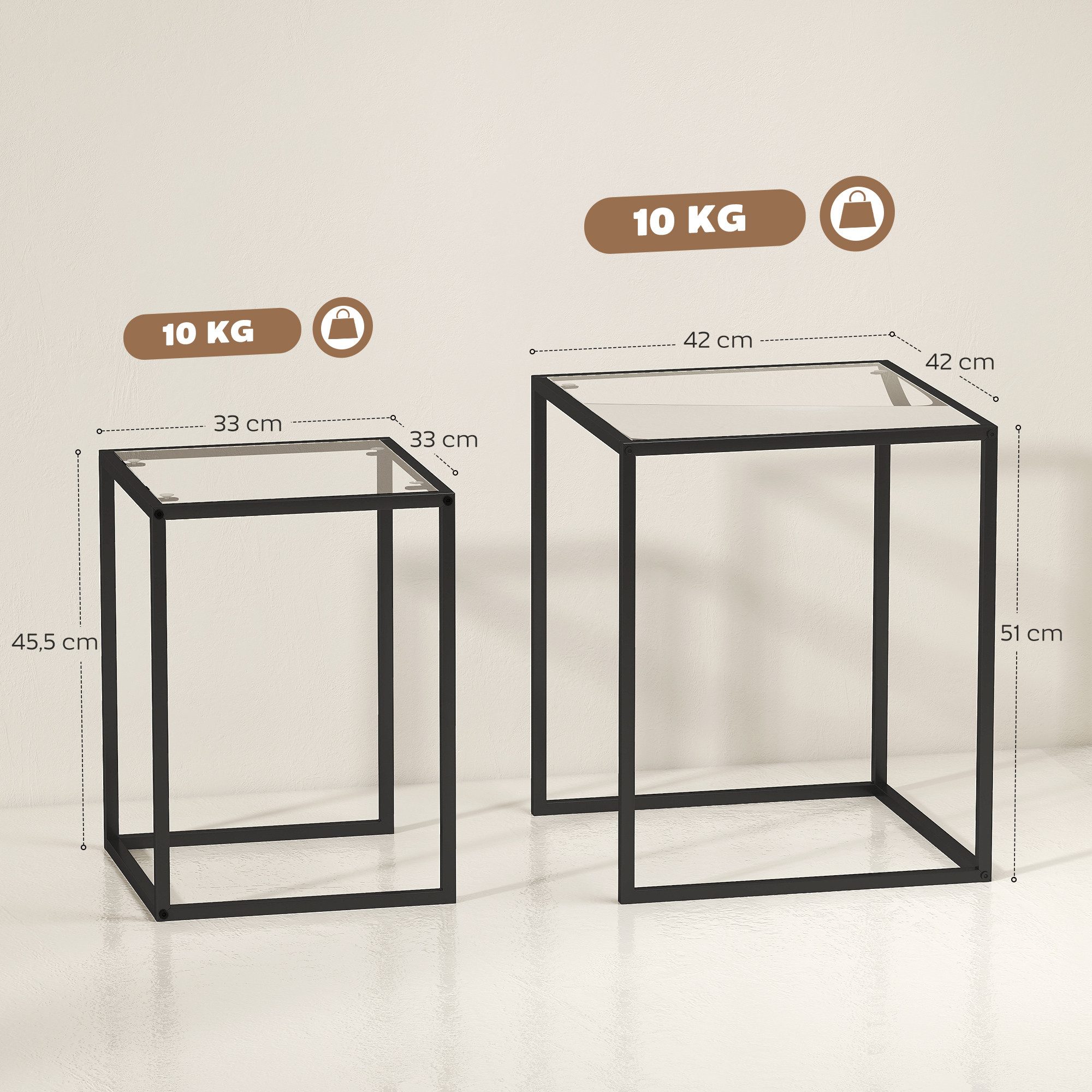 HOMCOM Beistelltisch Nachttisch Couchtisch stapelbar, mit Beinen aus Stahl, modern (Wohnzimmertisch, 2-St., Kaffeetisch), für Wohnzimmer, Schlafzimmer, Schwarz