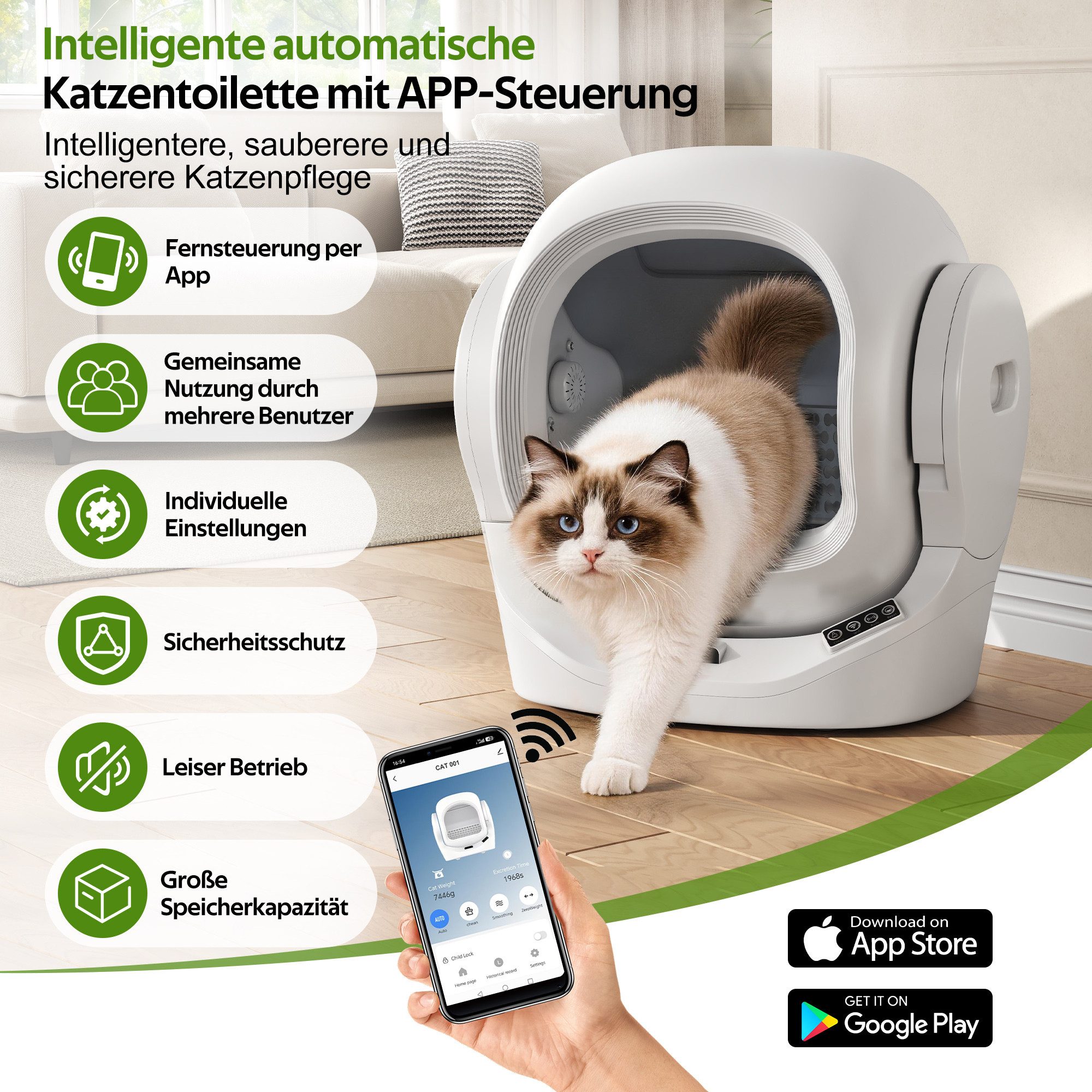 Rolipo Katzentoilette Intelligente automatische Katzentoilette & App-Steuerung, 68L Großraum, 8L Abfallbehälter, Aromabox, Infrarot-Sicherheit, selbstreinigend
